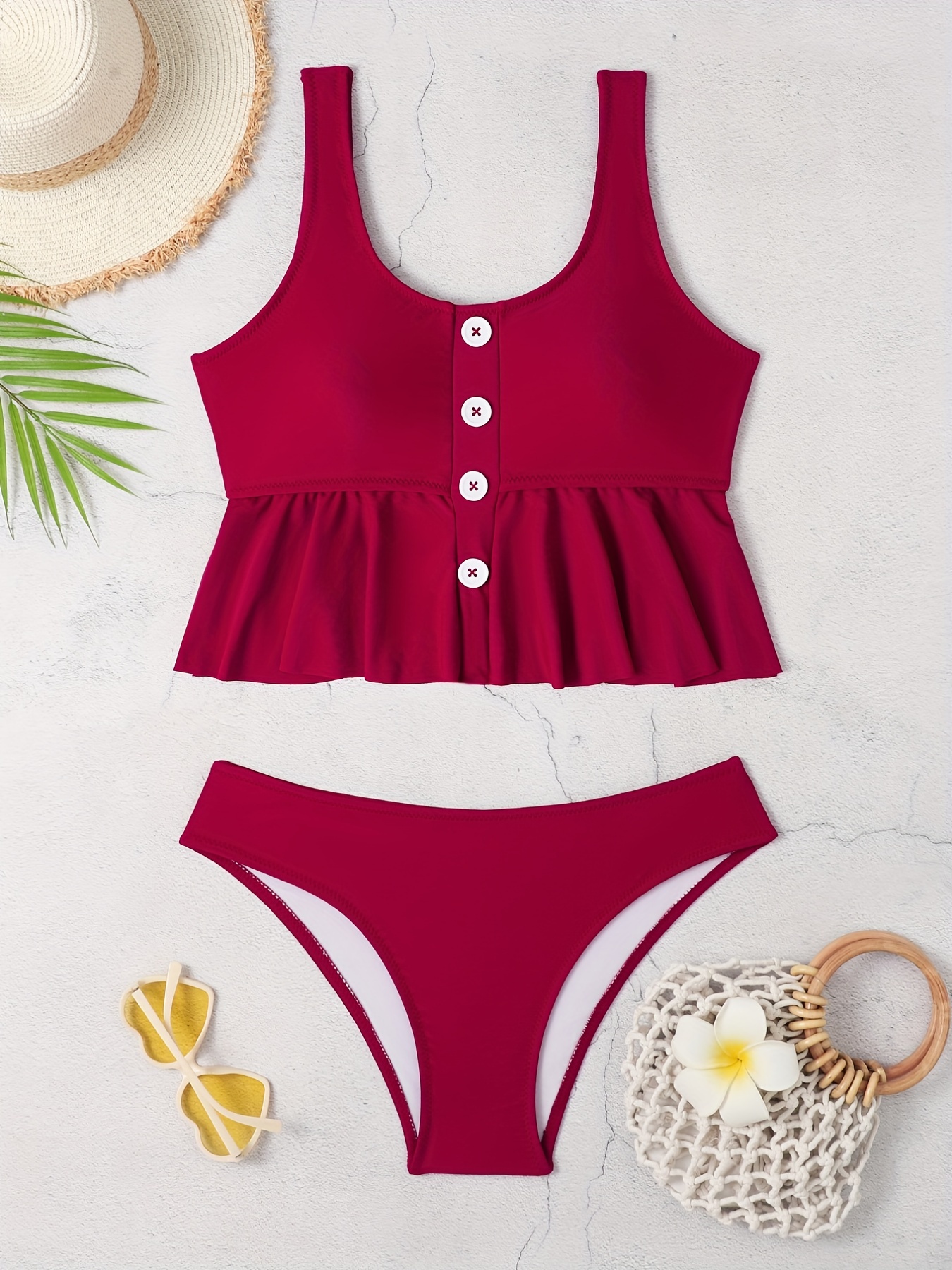 Red Ruffle Swimsuit Zip Front Tummy Control High - Temu