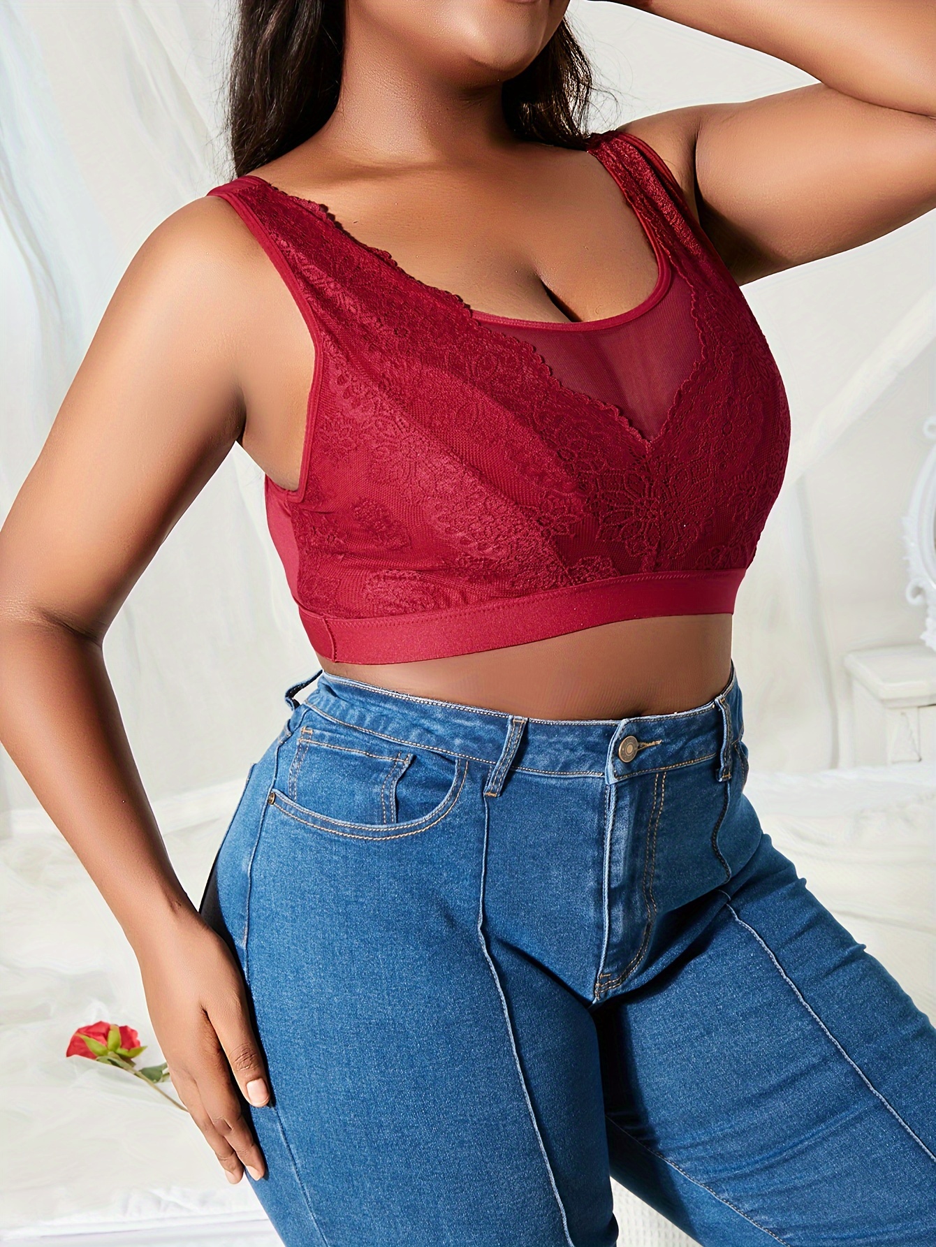 High Neck Mesh Inset Lace Bralette Crop Top Padded (Burgundy, Small) at   Women's Clothing store