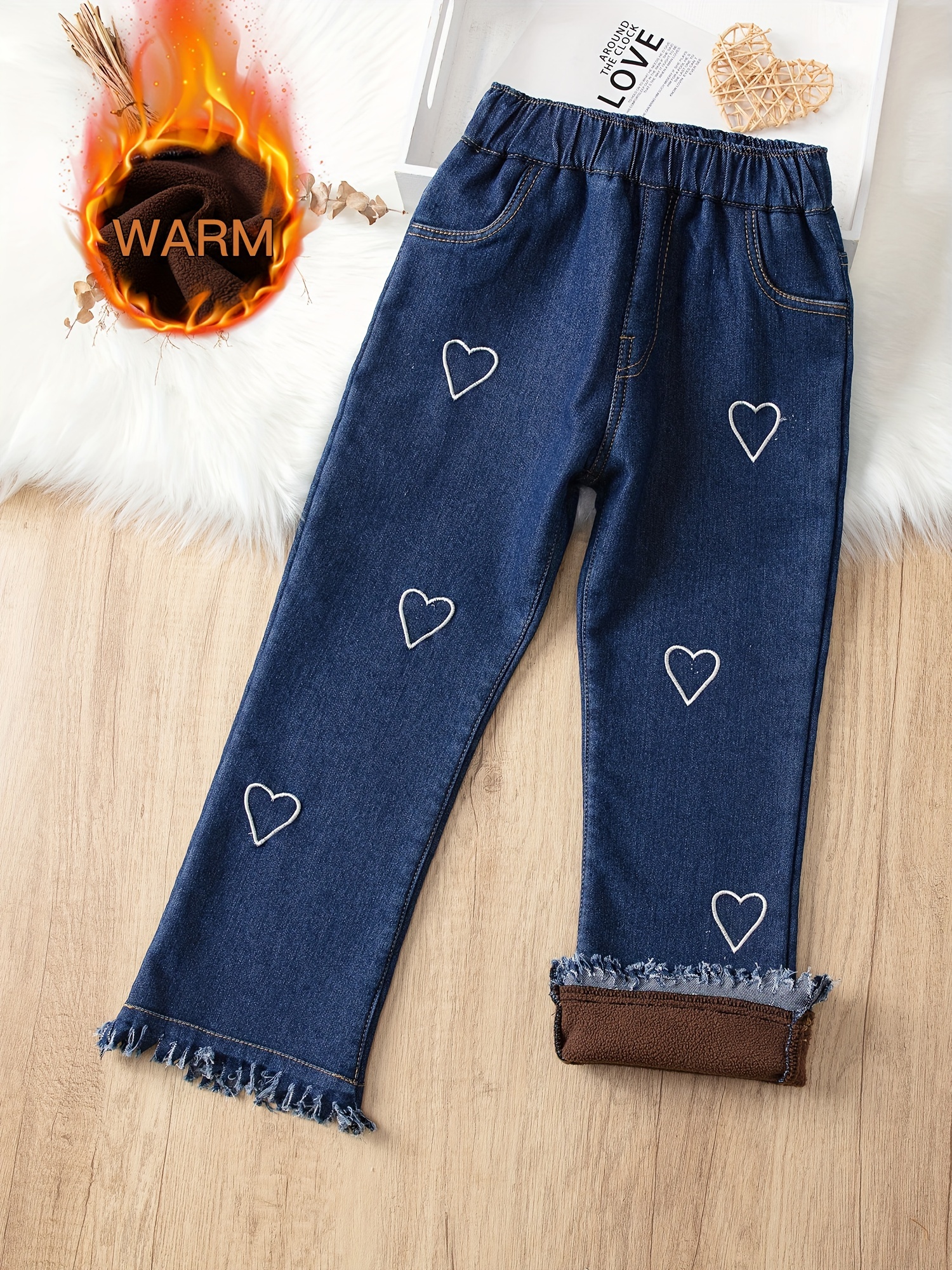 Girls' hem Fleece Jeans Cute Hearts Pattern Regular Fit - Temu