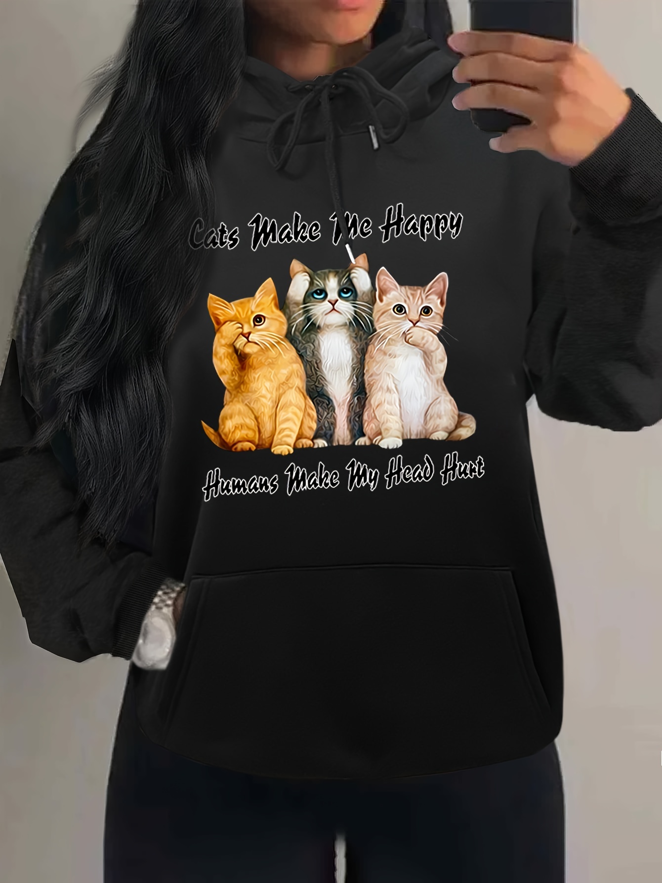 Plus Size Casual Sweatshirt, Women's Plus Slogan & Cat Print Long