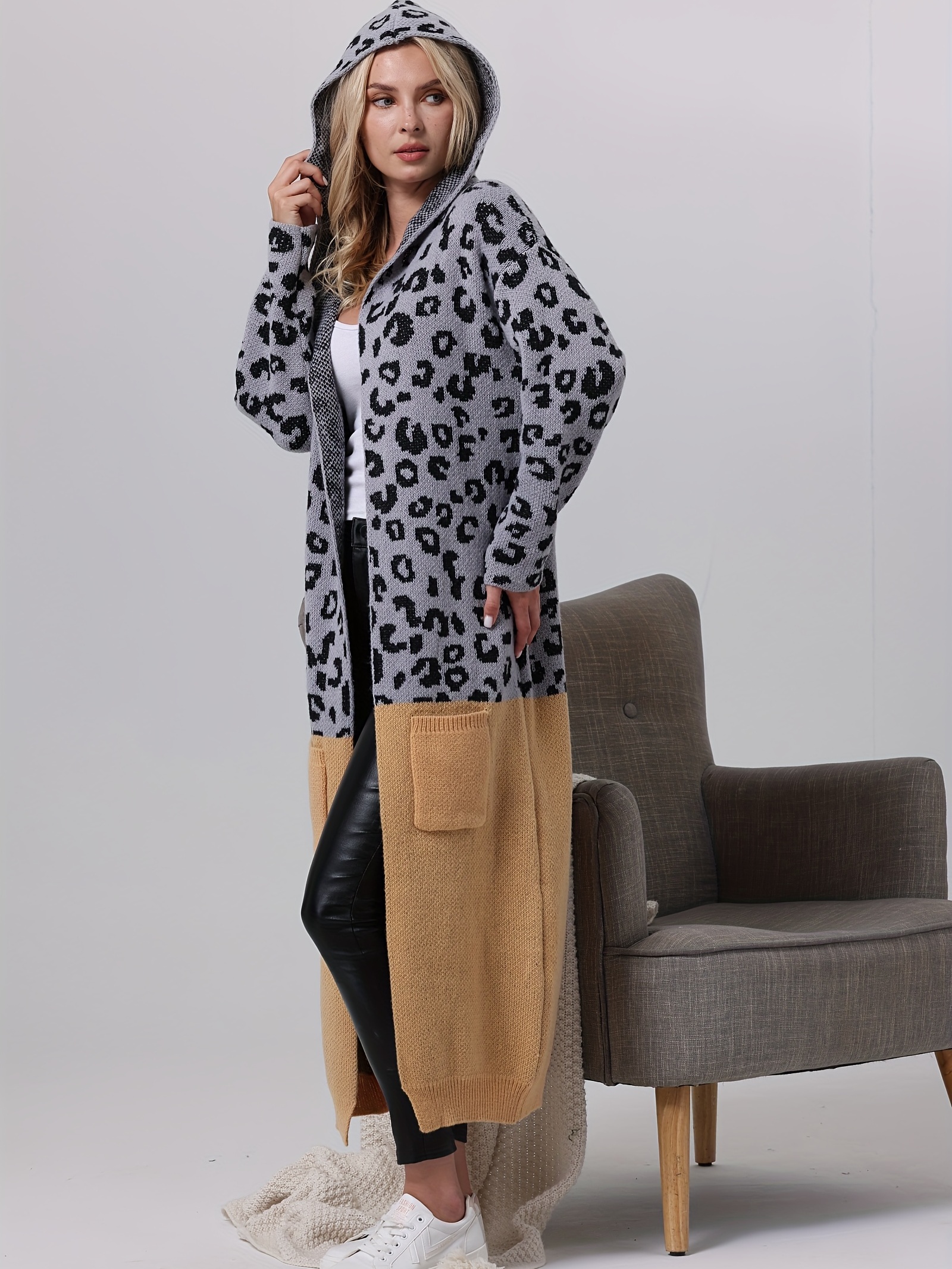 Color Block Leopard Open Front Cardigan Casual Long Length Temu