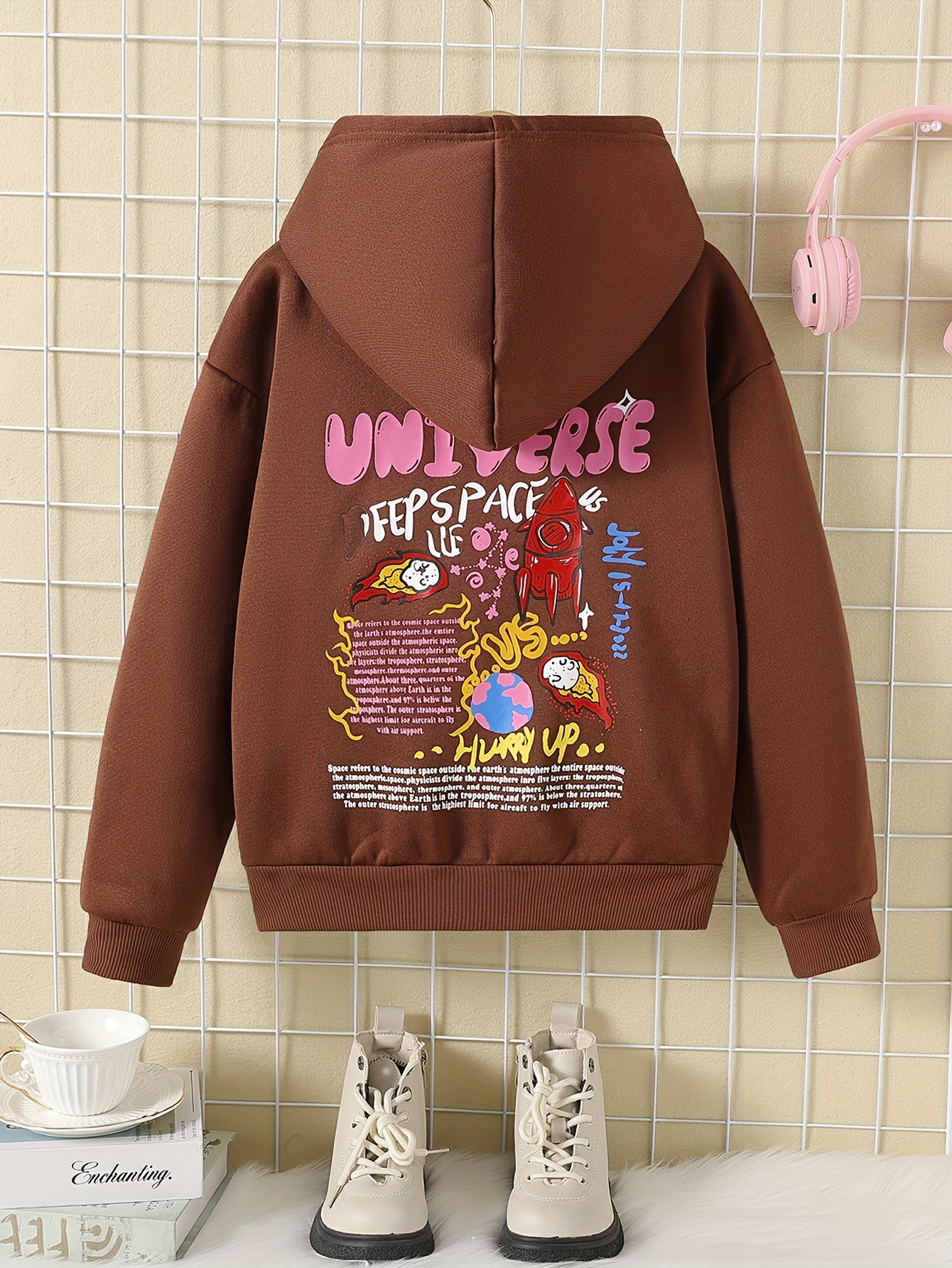 Space Themed Graffiti Back Print, Girls Pullover Sweatshirt, Comfy