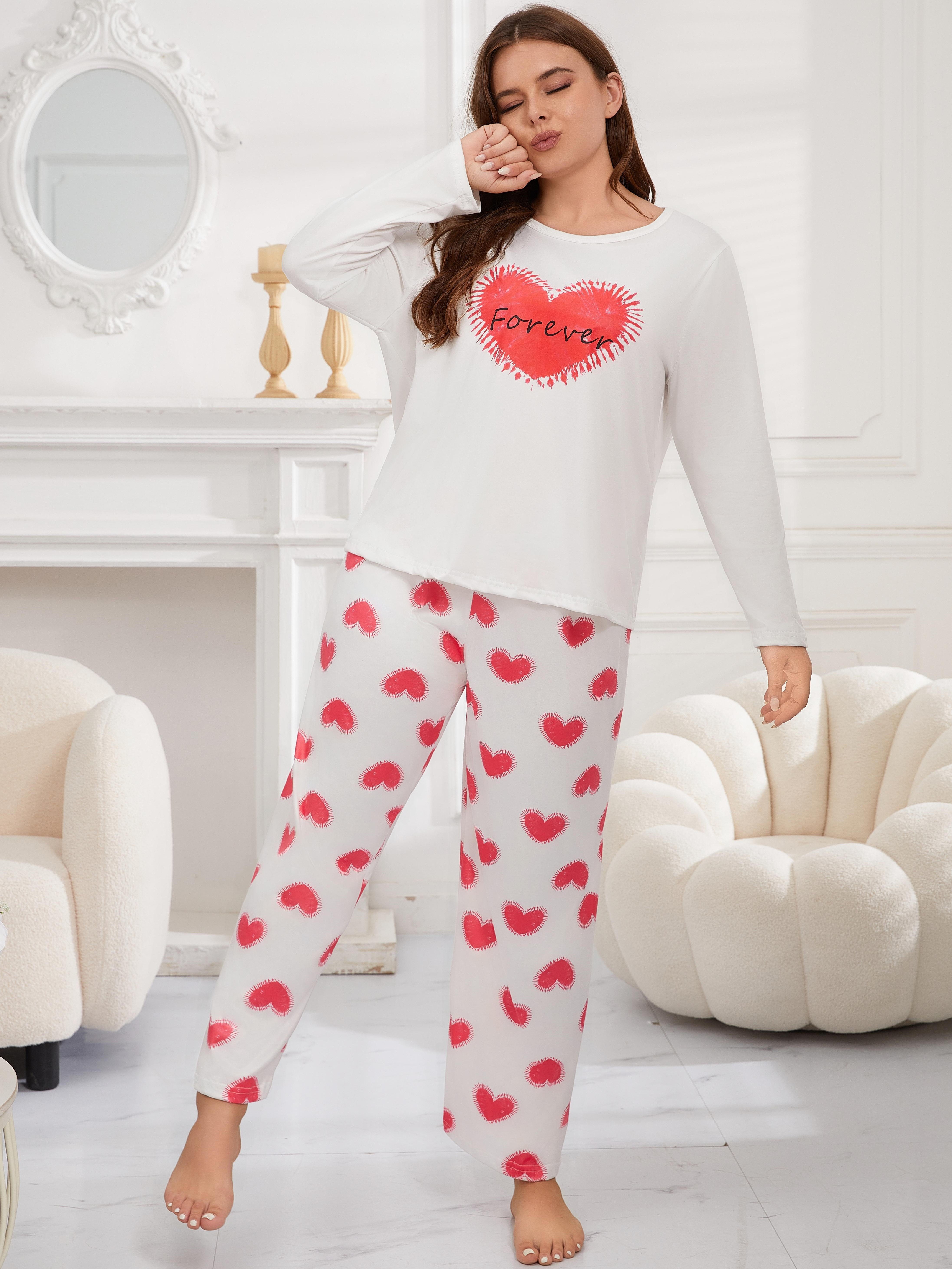 Plus Size Cute Pajamas Set Women's Plus Heart Print Long - Temu Australia