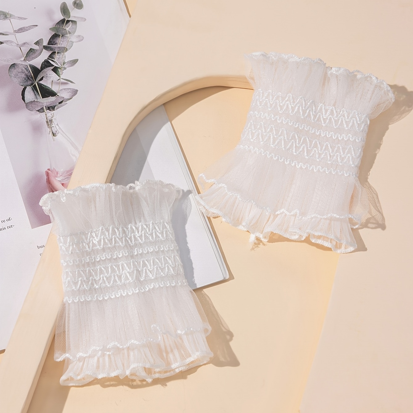 Polsini Lolita Staccabili In Pizzo Elasticizzato, 12 Cm, Finti Polsini A Strati Per Maniche, 1 Paio