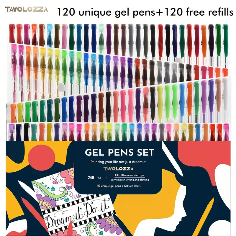 240pcs/set Gel Pen Kit, 120pcs Unique Gel Pens And 120pcs Free Refills,  Non-Toxic, No-Duplicate, Glitter Pens, Metallic Neon Pastel & Classic  Shades