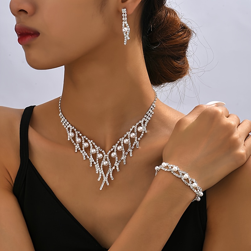 4pcs Earrings Necklace Plus Bracelet Elegant Jewelry Set Inlaid Rhinestone Evening Party Decor Dupes Luxury Jewelry