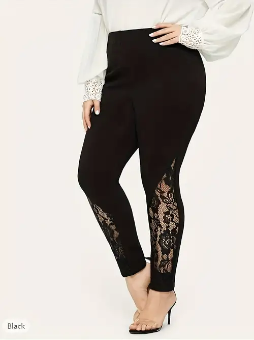 Plus Size Casual Leggings, Women's Plus Solid Contrast Lace High Rise  Skinny Slight Stretch Leggings