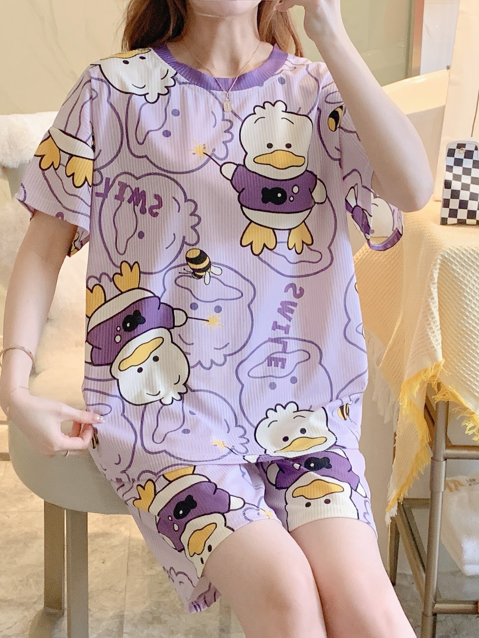 Women's Pajamas Summer Thin Short Sleeve Pajama Shorts Loose Cute