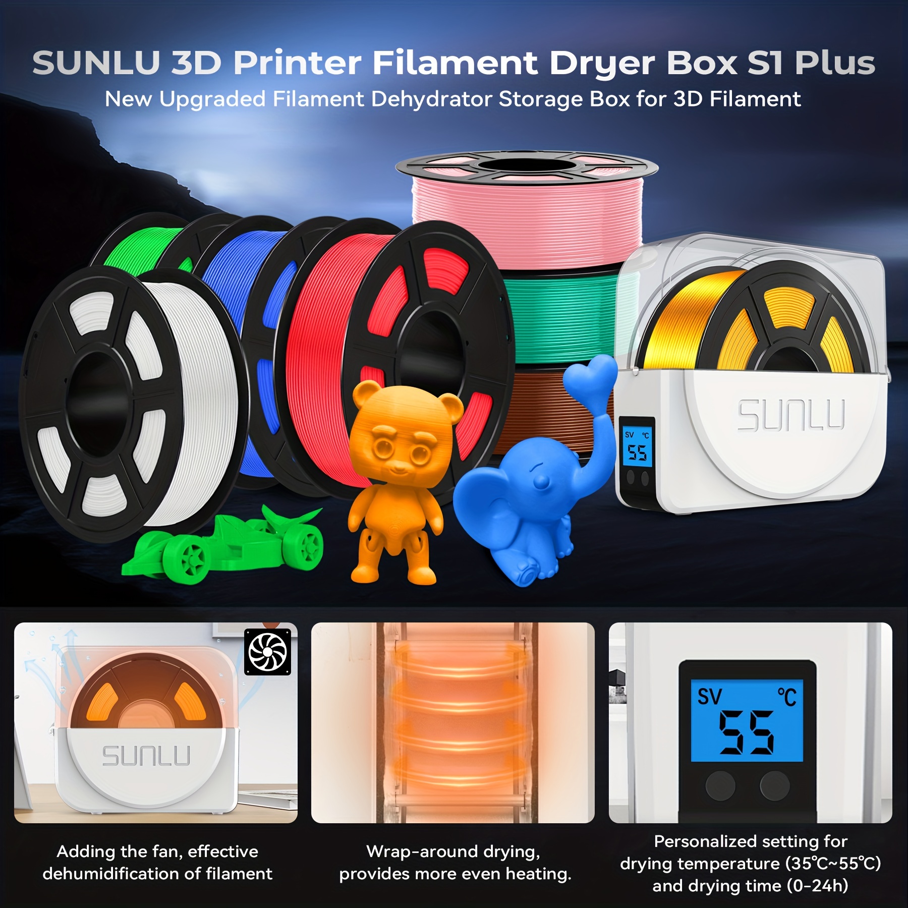 SUNLU 3D Printer Filament Dryer Box S1 Plus With Fan,Filament Holder,White