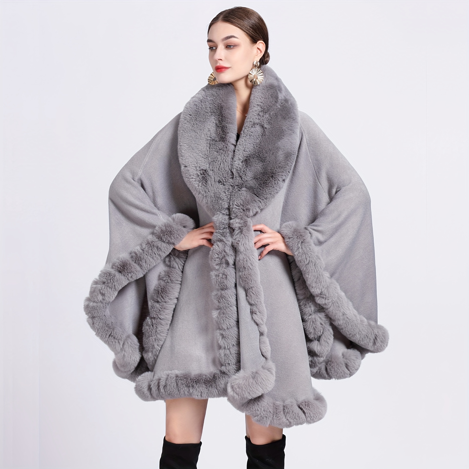 Oversized Faux Fur Collar Shawl Boho Solid Color Thickened Warm Cardigan Cape Autumn Winter Imitation Rex Rabbit Fur Collar Windproof Cloak Shawl