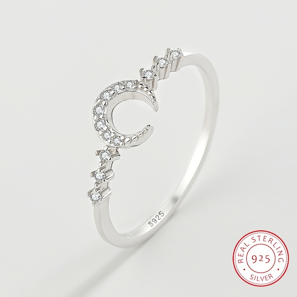 Crescent Moon Ring Inlaid Zircon, 925 Sterling Silver