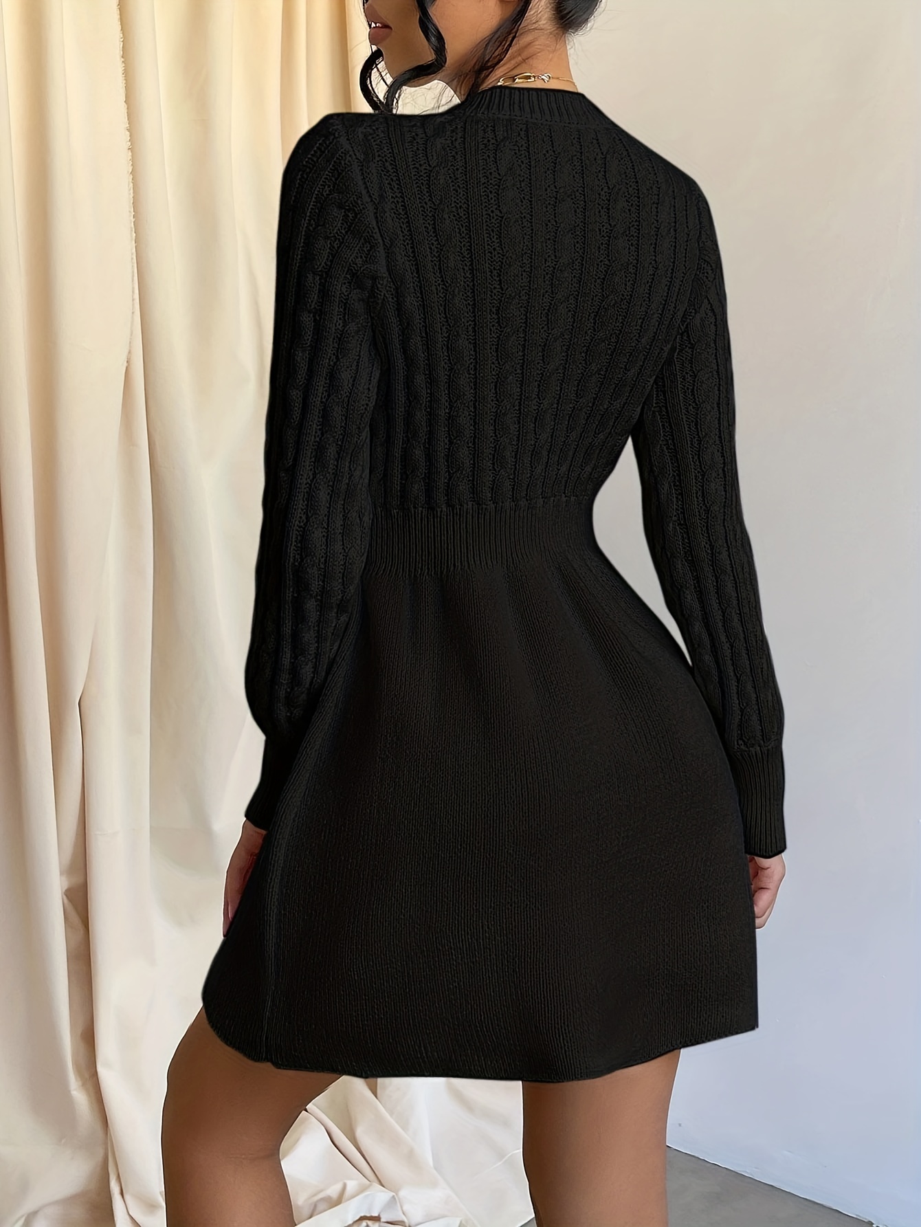 Solid Cable Knit Sweater Dress Elegant Long Sleeve A Line - Temu