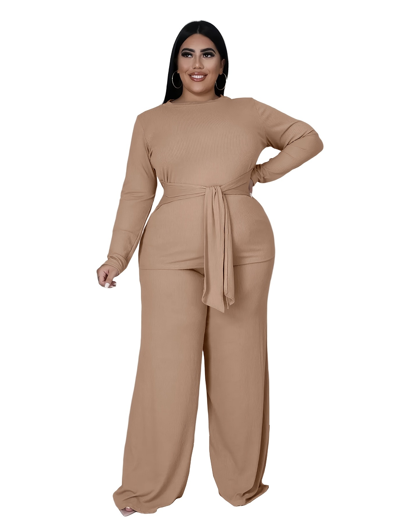 Plus Size Rib Knit Long Sleeve Belted Tops & Wide Leg Pants