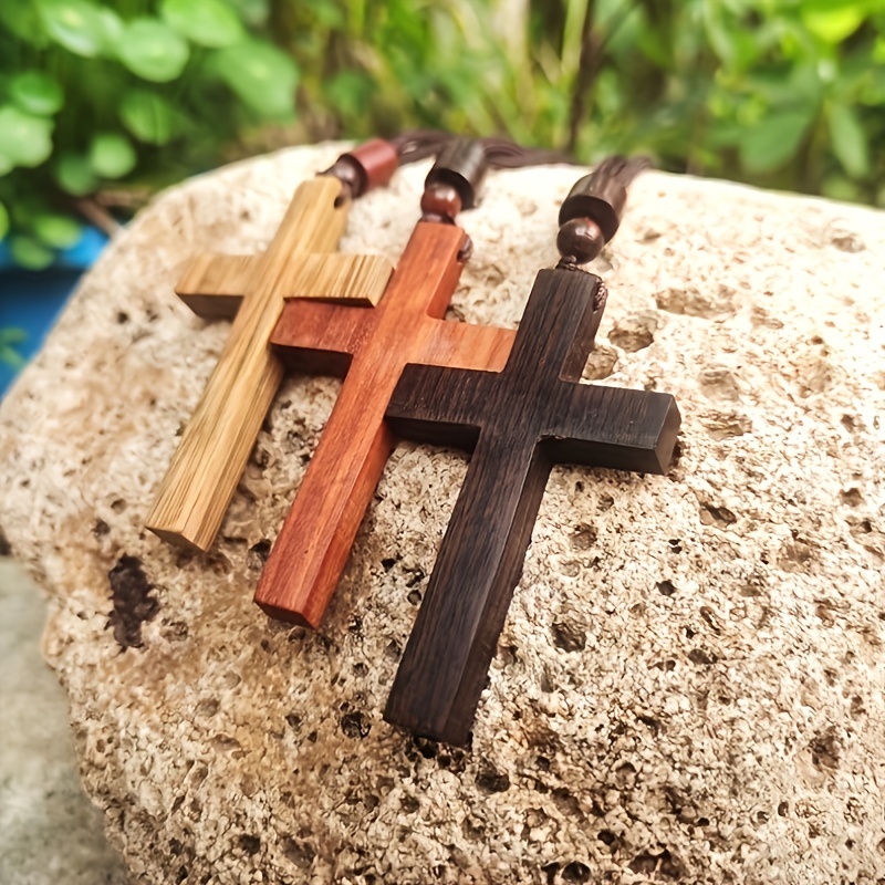 Wooden Cross Beaded Necklace Pendant Cool Natural Wood Cross - Temu
