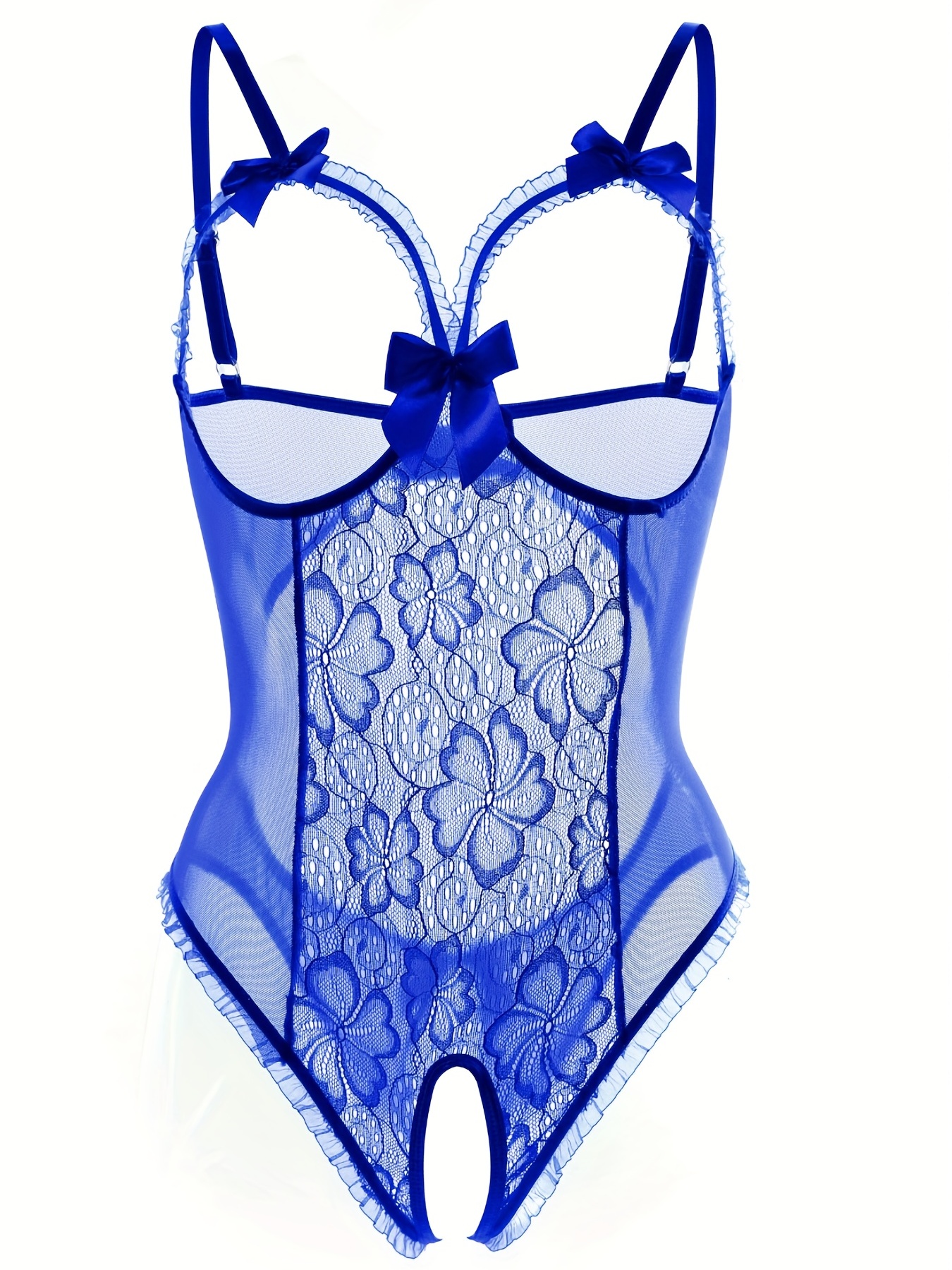 Aerusi Blue Fantasy Lingerie Ruffle Lace Bodysuit Teddy Bra Top G-String  Thong Exotic Backless Naughty Constume
