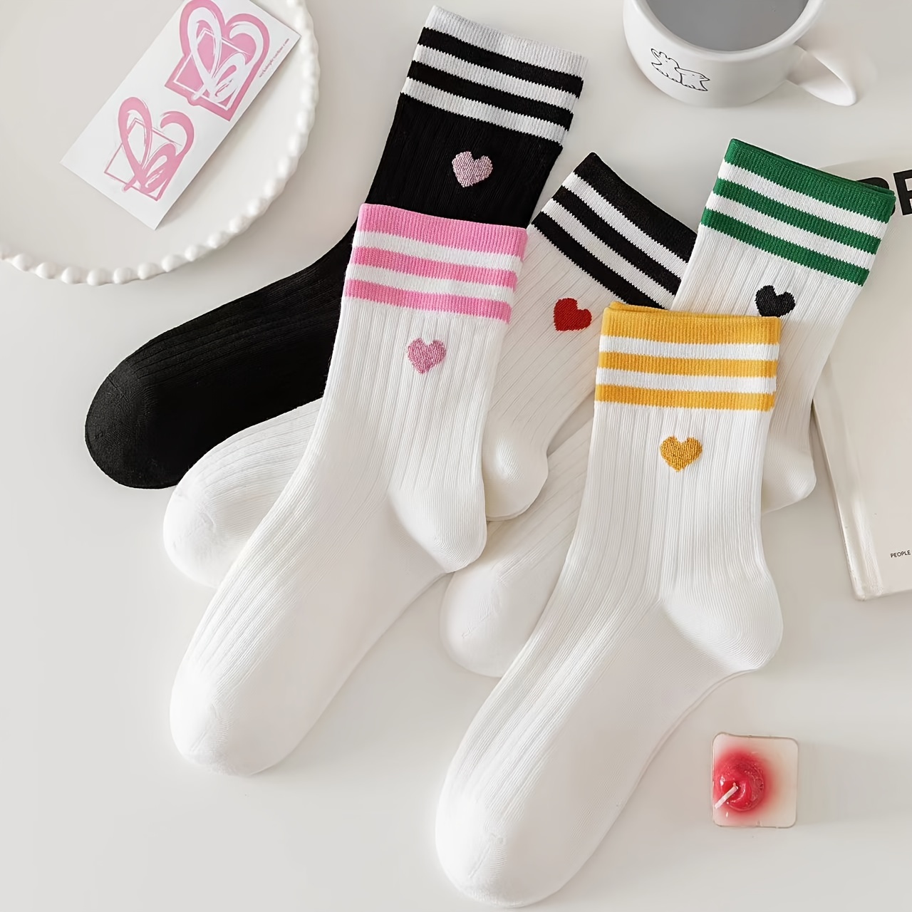 

5 Paires De Chaussettes Mi-Longues Rayées D'amour, Chaussettes Respirantes Et Confortables