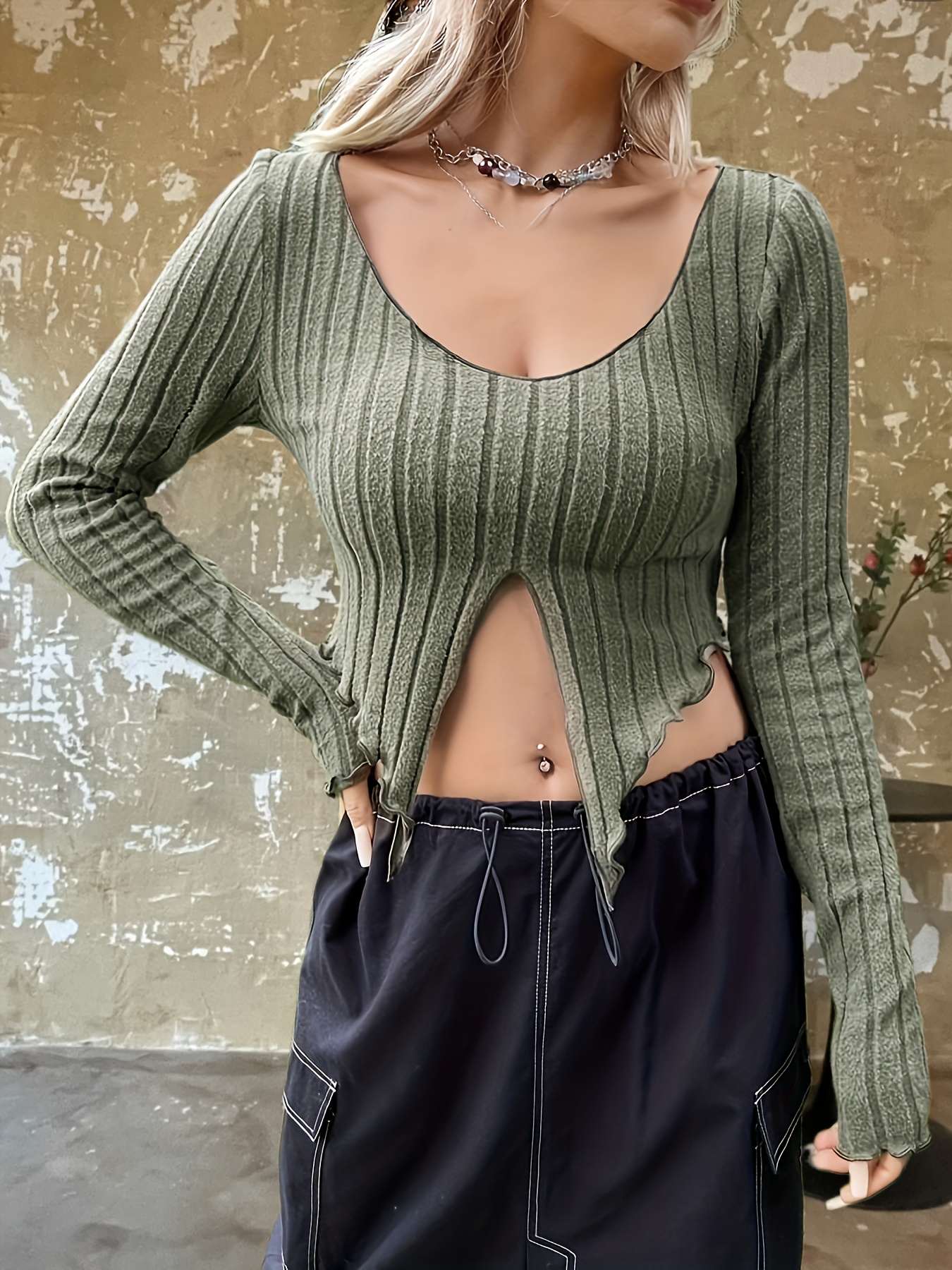 ZAFUL Women's Pullover Ribbed Cropped Knitwear Drawstring Ruched Knitted  Crop Top Solid V-Neck Long Sleeve T-Shirt at  Women’s Clothing store