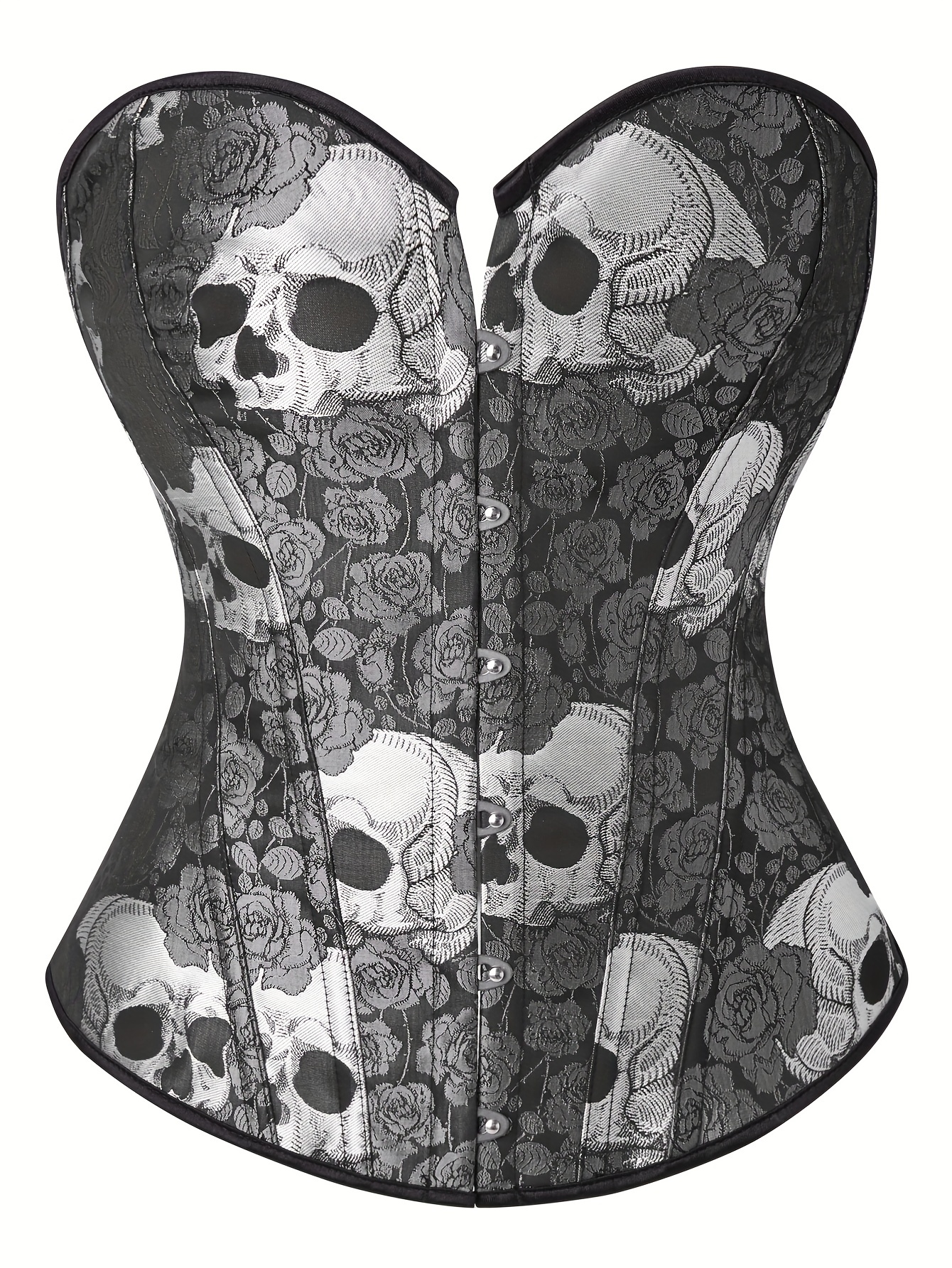 Plus Size Gothic Corset, Women's Plus Rose & Skull Patterned Boned Lace Up  Waist Training Body Shaper Top for Music Festival