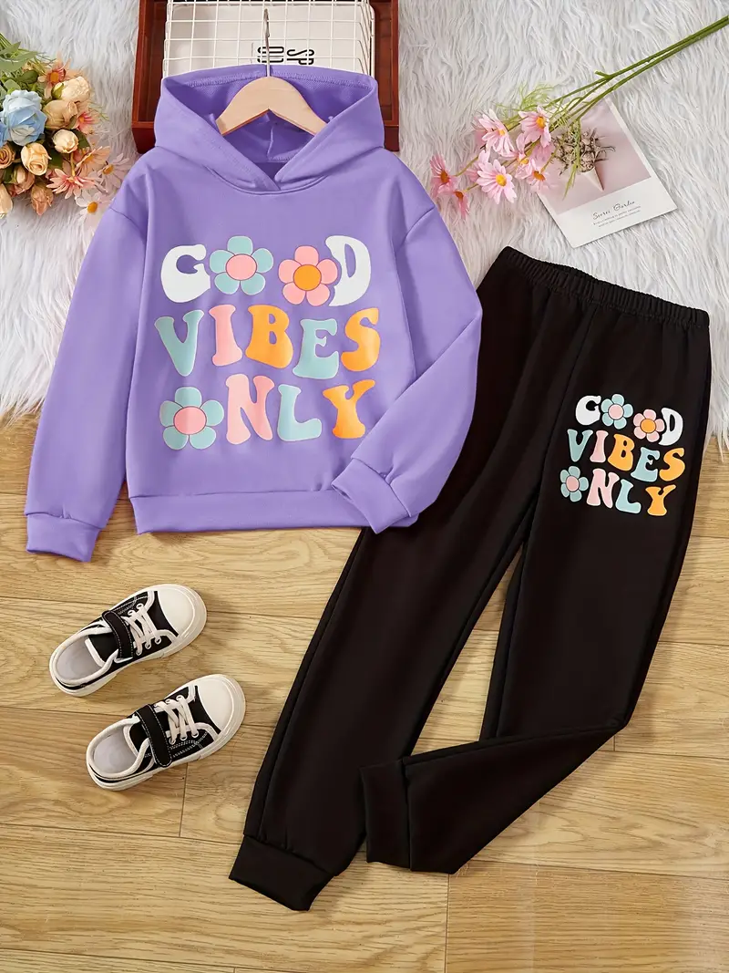 Girl's Color Clash Outfit Floral Pattern Hoodie Sweatpants - Temu Canada