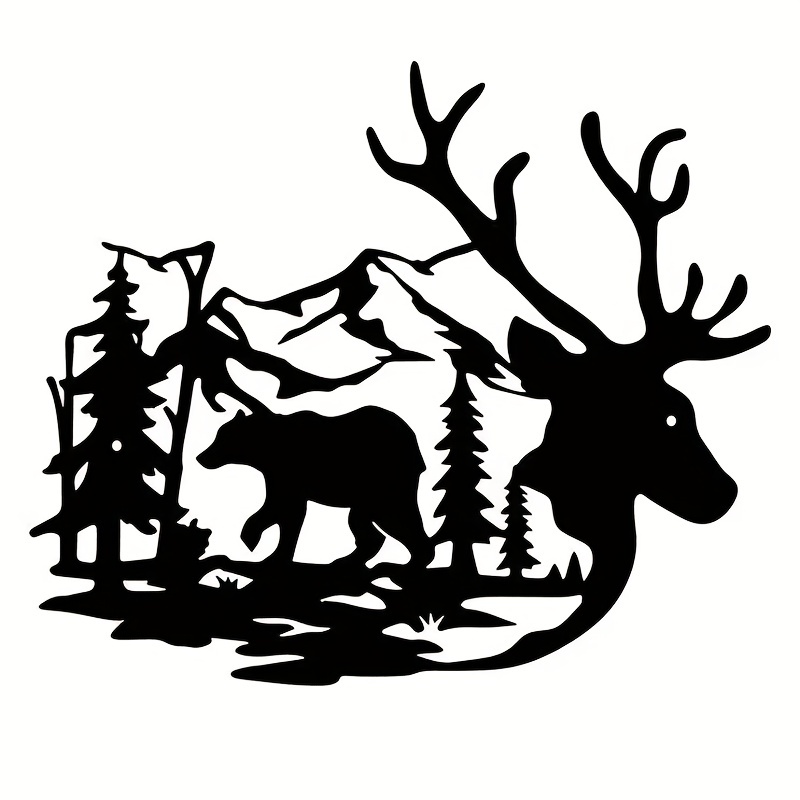 1pc 野生動物の壁掛け装飾 森の中の鹿とクマの松の木の金属掛け看板壁