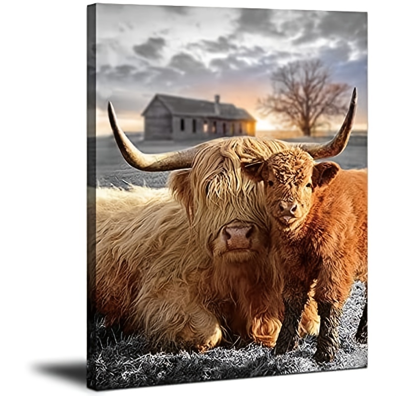 1pc Canvas Painting Highland Cow Canvas Wall Art Animal Print Picture Highland Fluffy Cattle Photo Framed Farmhouse Painting For Home Decor Unframed 12inch 16inch