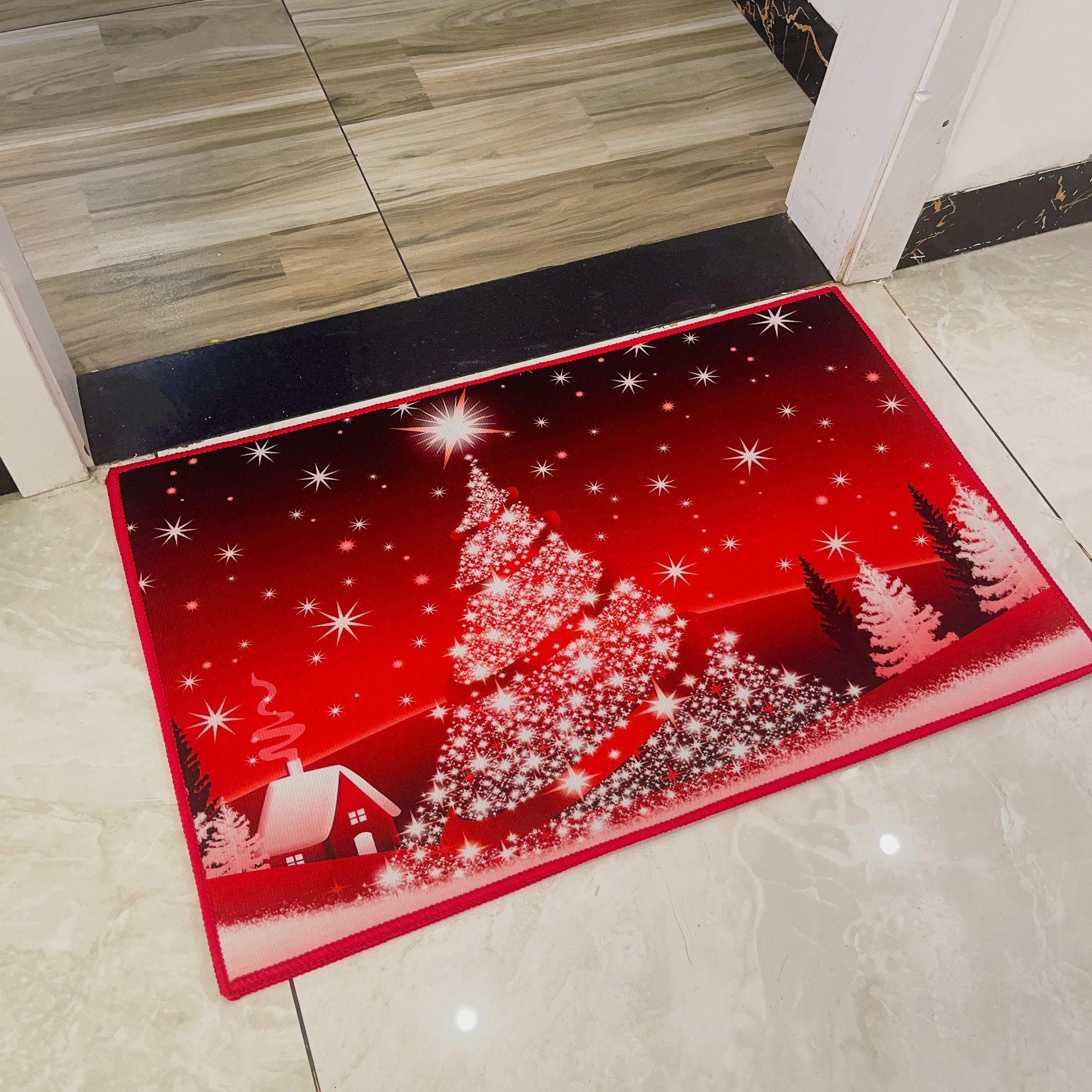 Merry Christmas Indoor Doormat,Front Back Door Mats with Non Slip Backing,Christmas Snowflakes Red Let It Snow Low Profile Welcome Entrance Floor