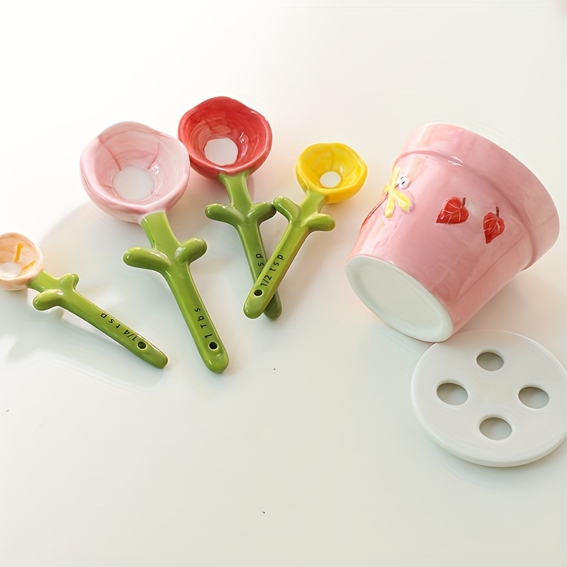 4Pcs Ceramic Flower Shaped Spoon Set with Base Baking Food Scale Measuring  Spoon Household Sugar Salt