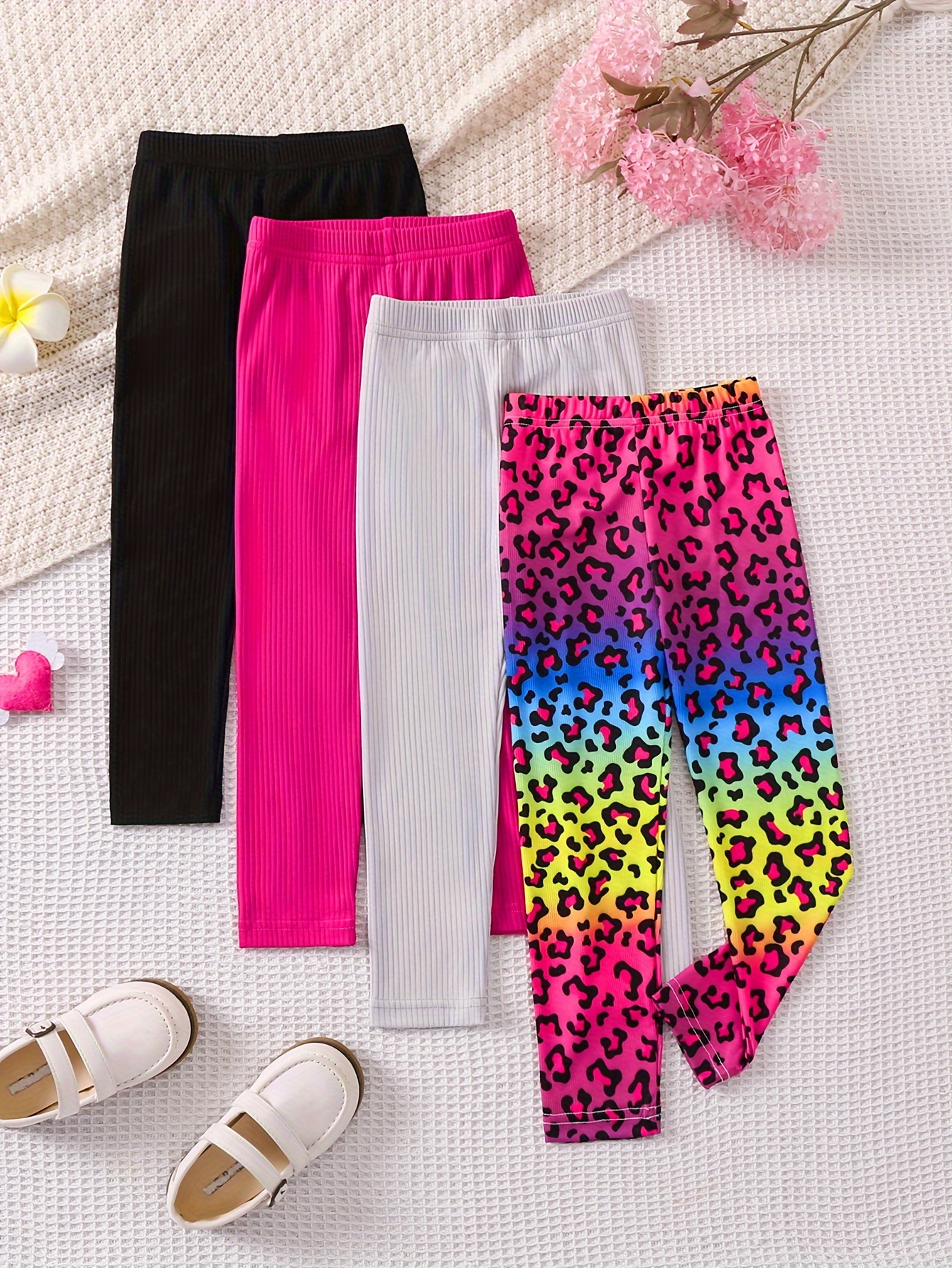 Multipack - Young Girls Fashion Leopard & Solid Basic Legging Pants,  Elastic & Comfortable Trousers Set