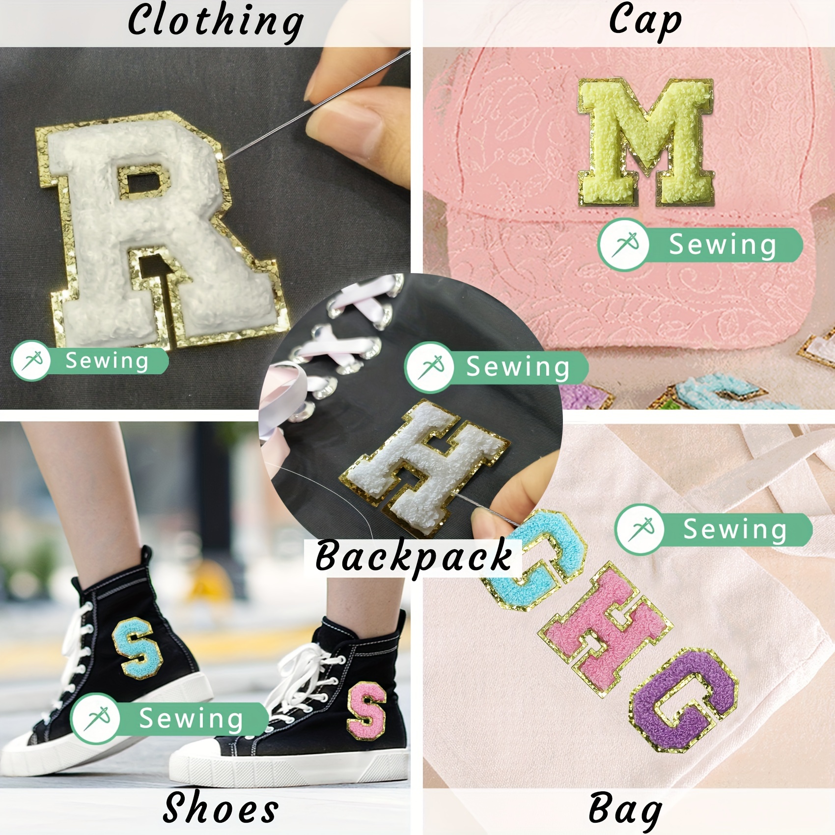 10Pcs Self Adhesive Chenille Letter Patches Iron on Varsity Preppy Letter  Patches Stick on Glitter Fuzzy Letters for Clothing Bag Laptop Phone Case（C）