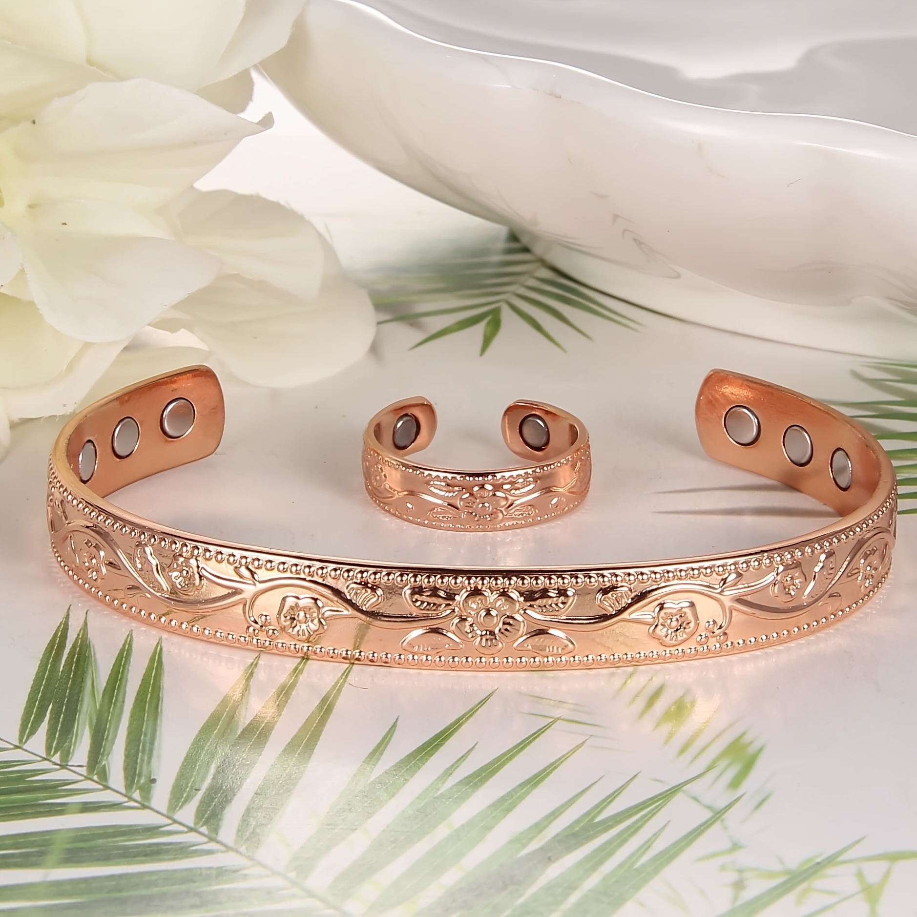 Image of 2pcs Copper Bracelet For Women, Magnetic Bracelets Ring Set For Women, Adjustable Vintage Bracelets Finger Ring Jewelry Gift