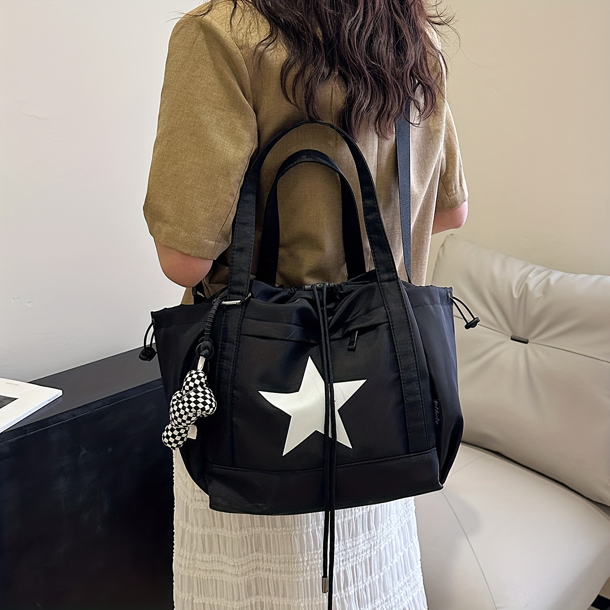 Trendy Star Pattern Colorblock, Casual Drawstring Handbag, Versatile Bag For School
