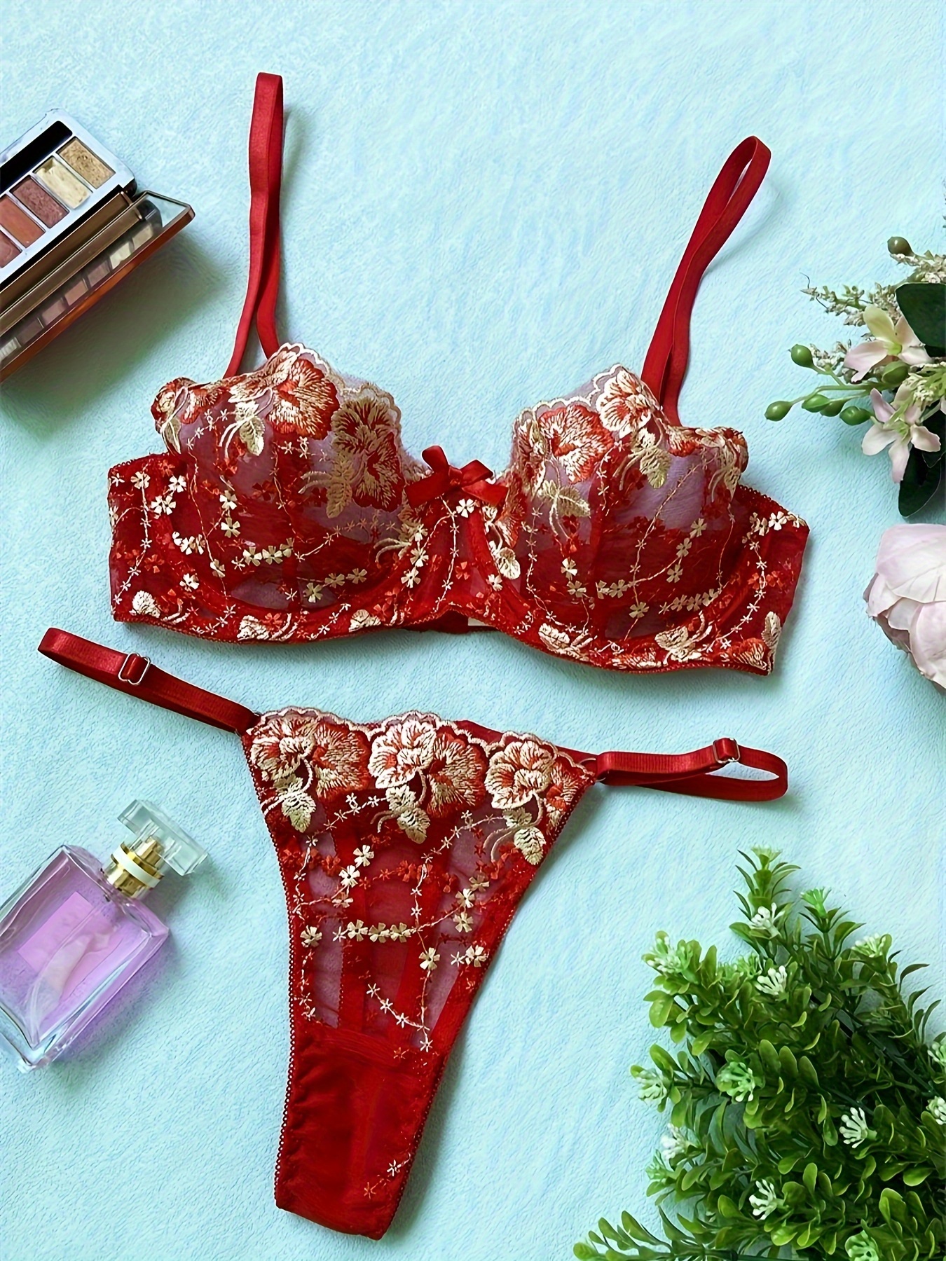 Valentine's Day Heart Embroidery Lingerie Set, Semi Sheer Bow Intimates Bra  & Garter Belt & Thong, Women's Sexy Lingerie & Underwear