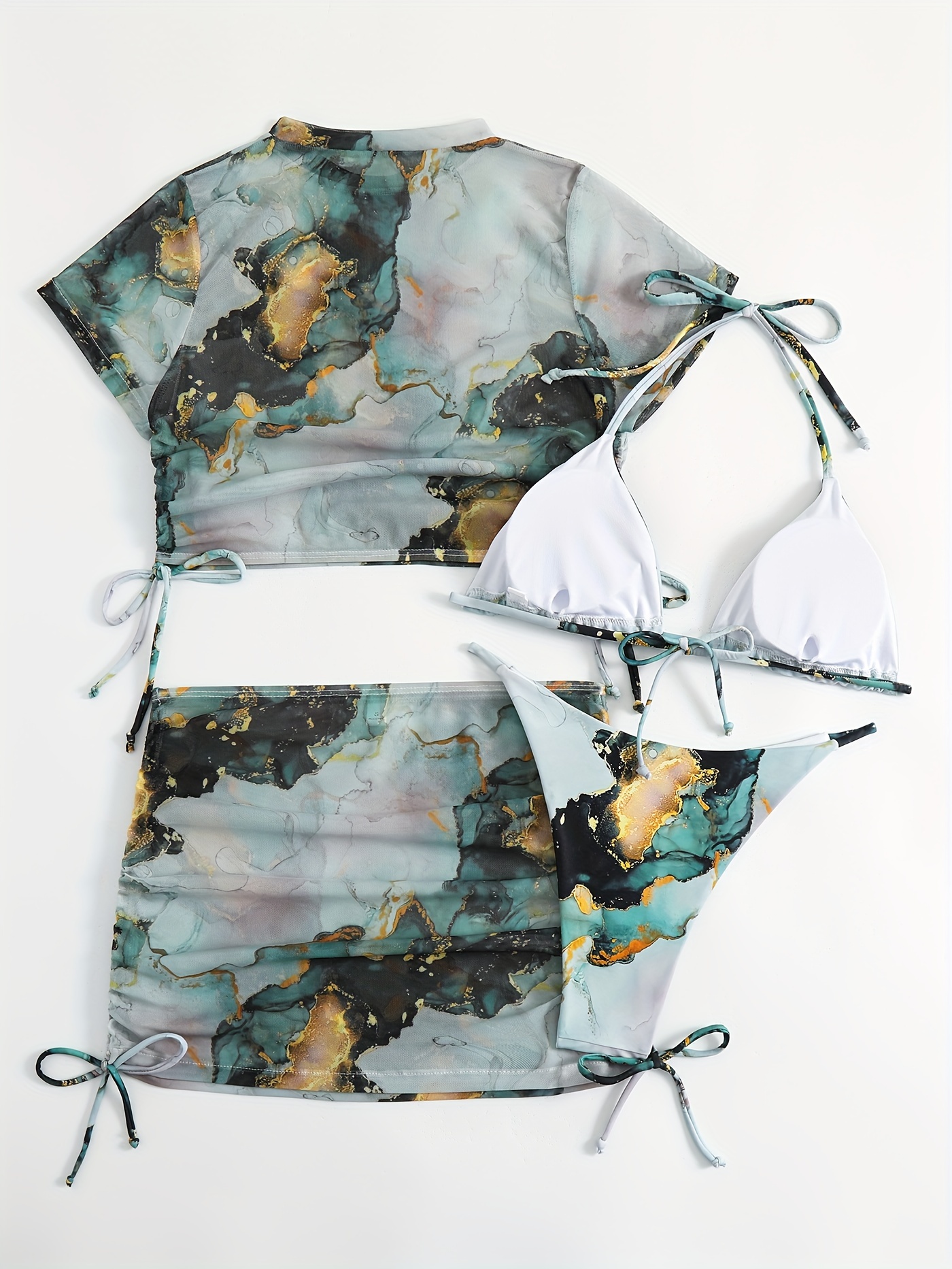 Marble Print Halter Bikini Short Sleeve Cover Top Drawstring - Temu