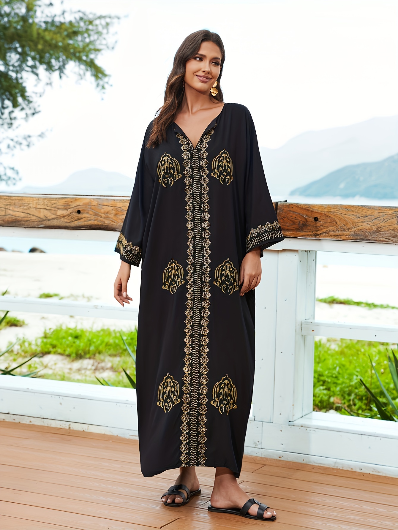 Ramadan Plus Size Boho Kaftan Dress, Women's Plus Embroidered Batwing  Sleeve Round Neck Beachwear Maxi Kaftan Dress