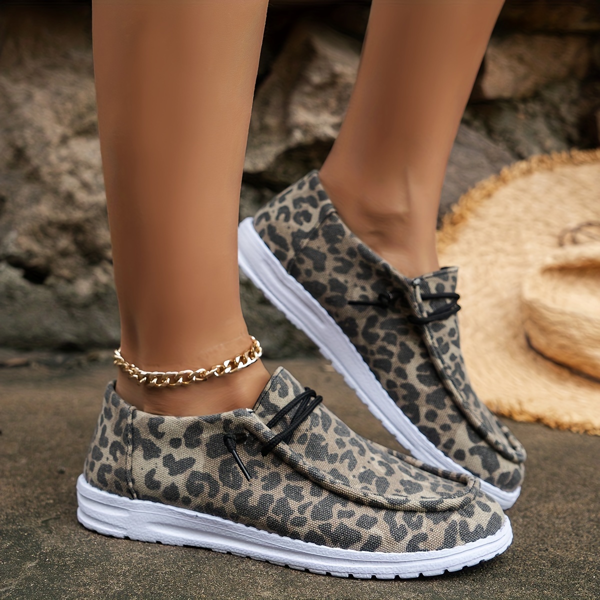 Women's Leopard Print Sneakers Stylish Lace Flat Sneakers - Temu