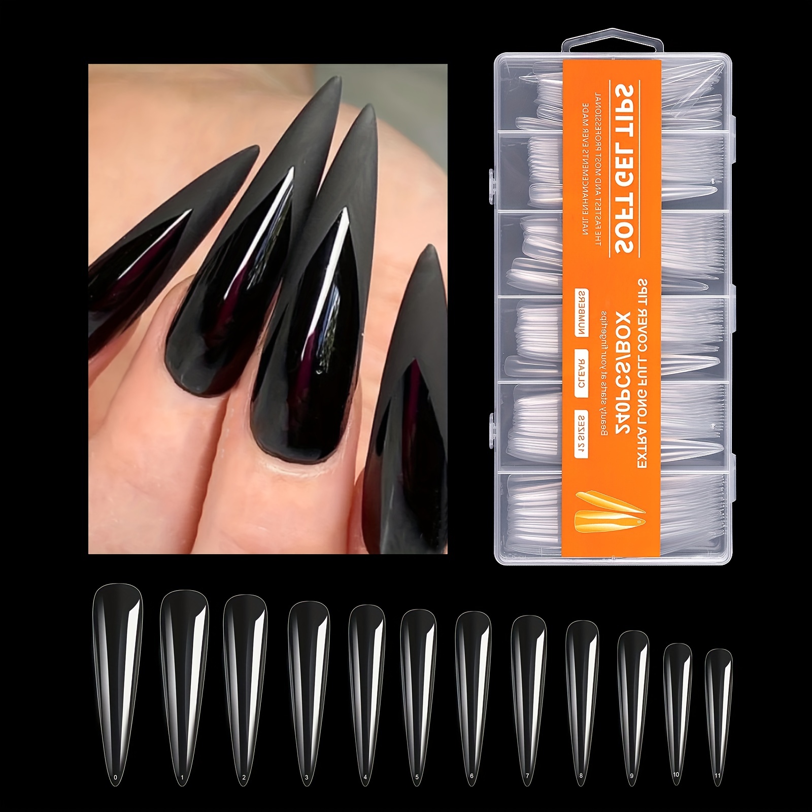 

240pcs Super Long Pointed Coffin Fake Gel Nail Tips Set, 12 Sizes Full Cover Acrylic Press On Nails Clear Artificial False Nails Kit, French Nail Tips For Diy Nails Salon