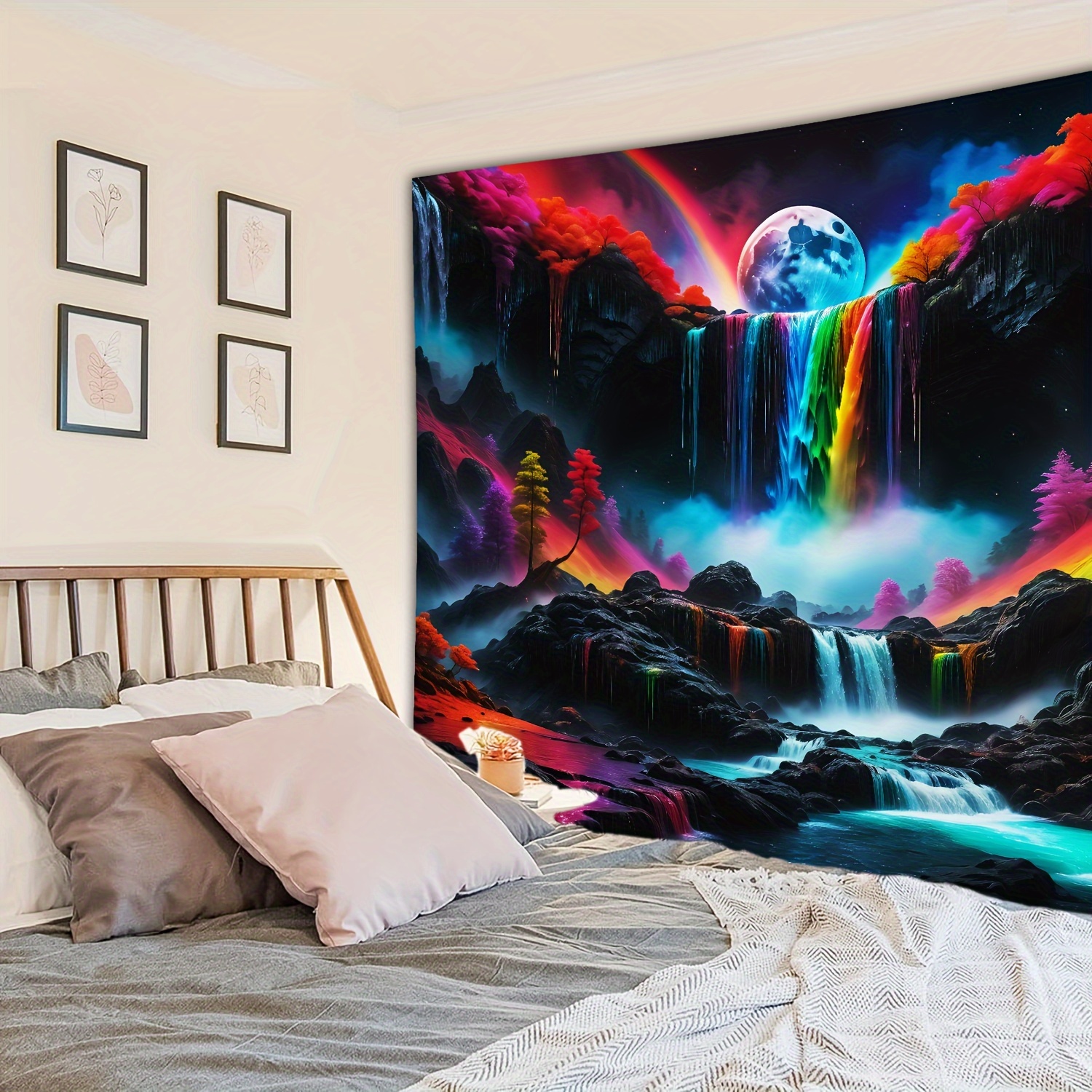 Blacklight Mountain Waterfall Rainbow Tapestry Backgdrop - Temu