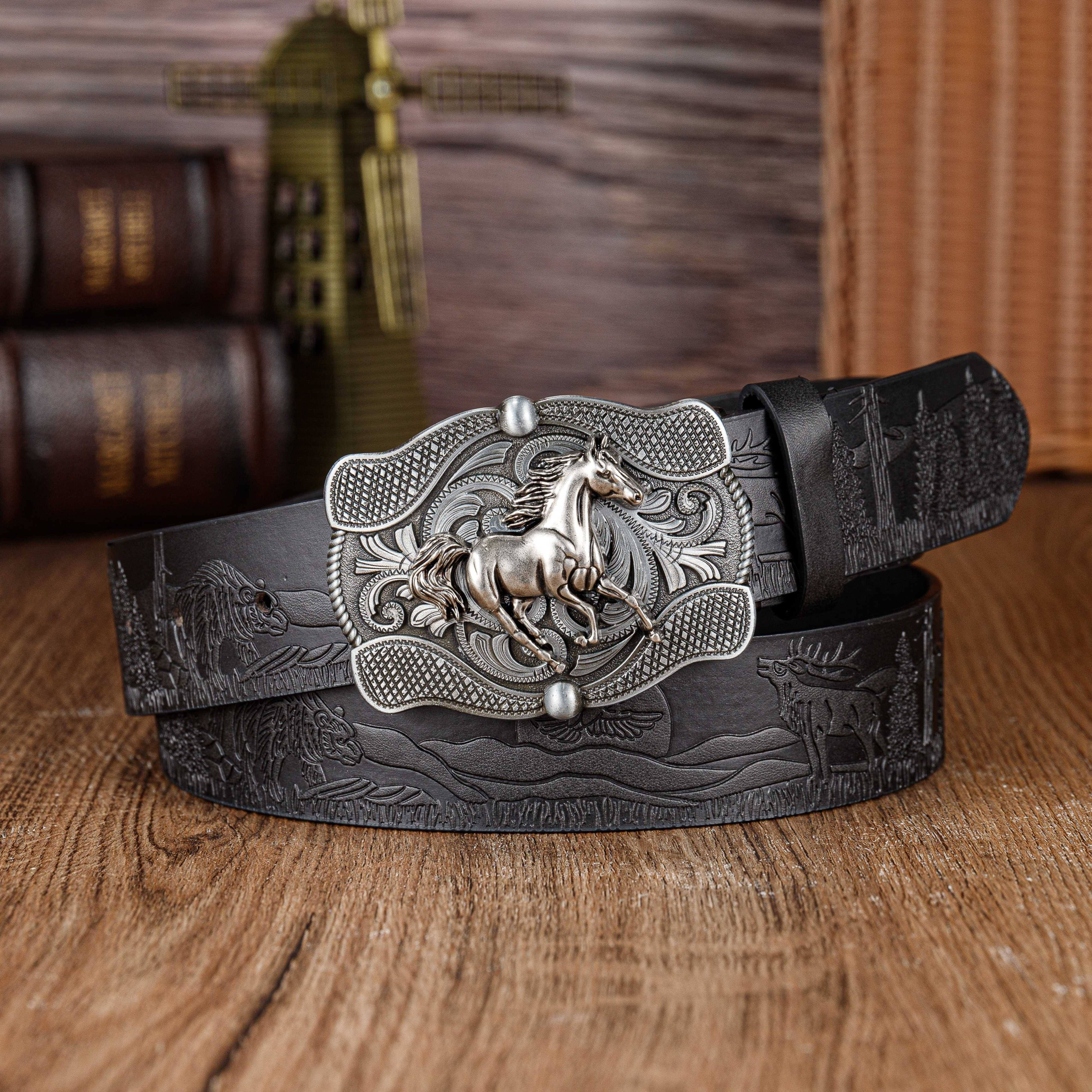 Flying Horse Rider Mens Belt Retro Embossed Western Cowboy Big