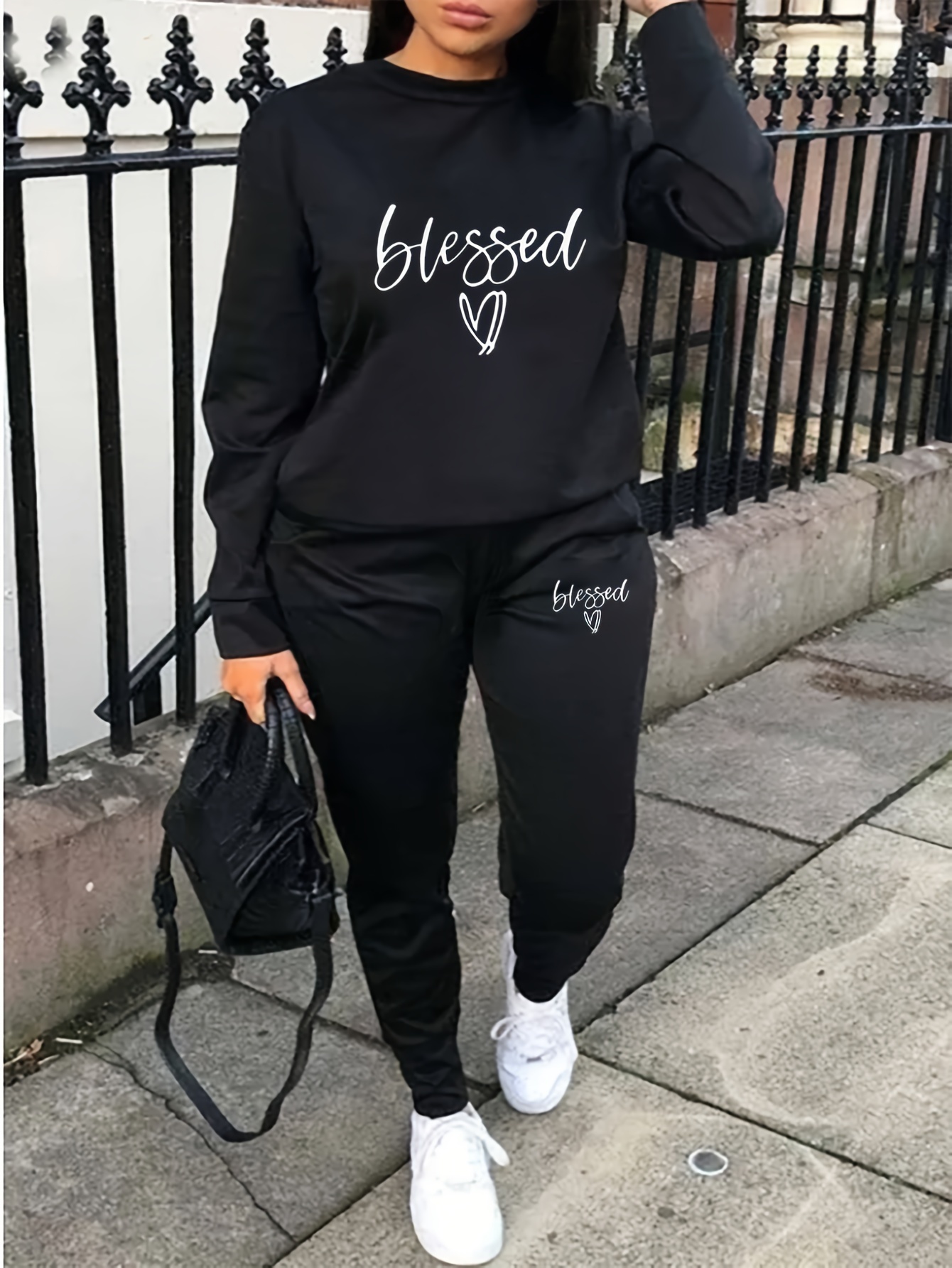 Blessed Letter Print Casual Two piece Set Crew Neck Long - Temu