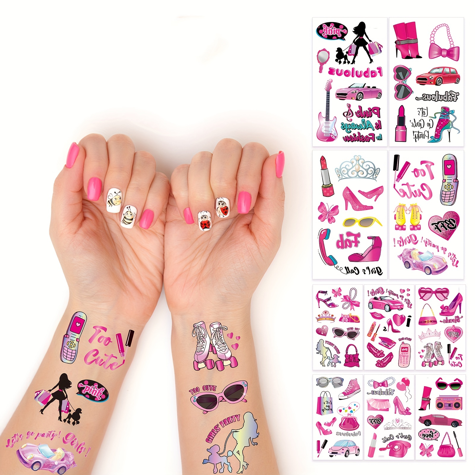 

10pcs Pink Girls Party Theme Series Tattoo Stickers, Waterproof And Sweatproof Lasting 3-6 Days Sweet Body Art For Girls