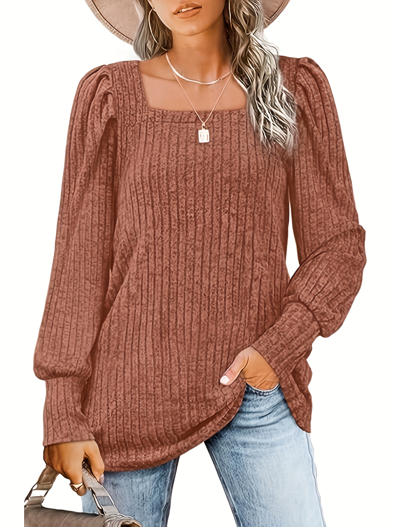 Solid Square Neck Rib Knit Top, Casual Lantern Sleeve Loose Sweater For  Spring & Fall, Women's Clothing