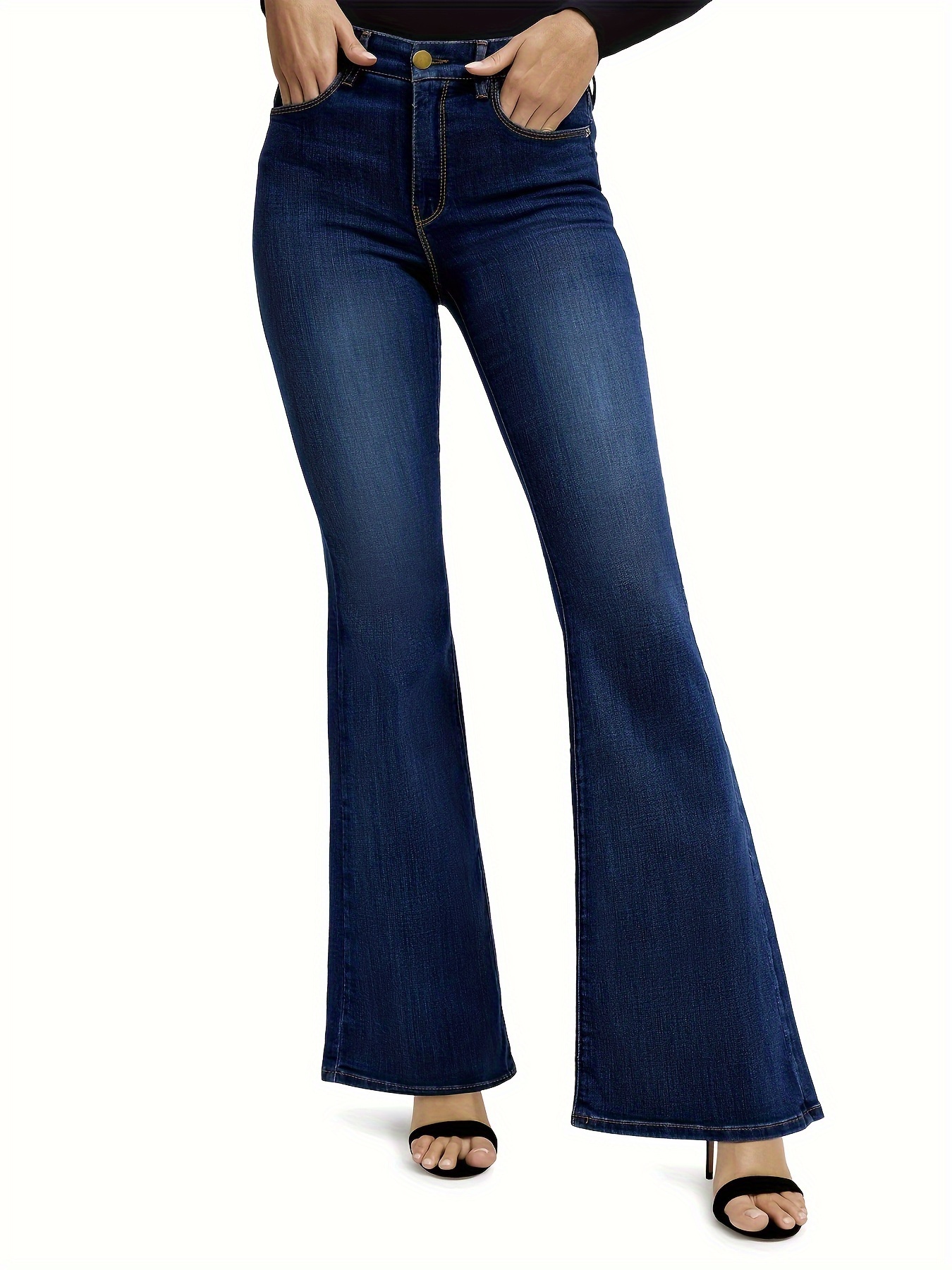 Dark Blue Slim Fit Flared Jeans High stretch Bell Bottom - Temu