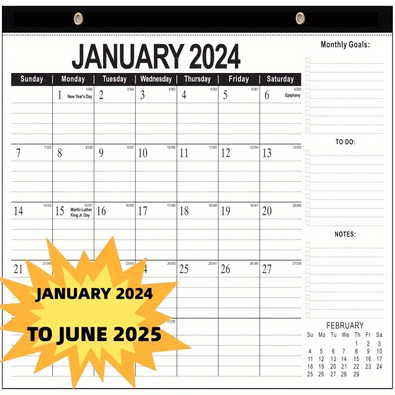 Calendrier mural 2024-2025 – janvier 2024 à juin 2025, calendrier mensuel à  suspendre 2024-2025, planificateur à spirale, vacances, dates juliennes