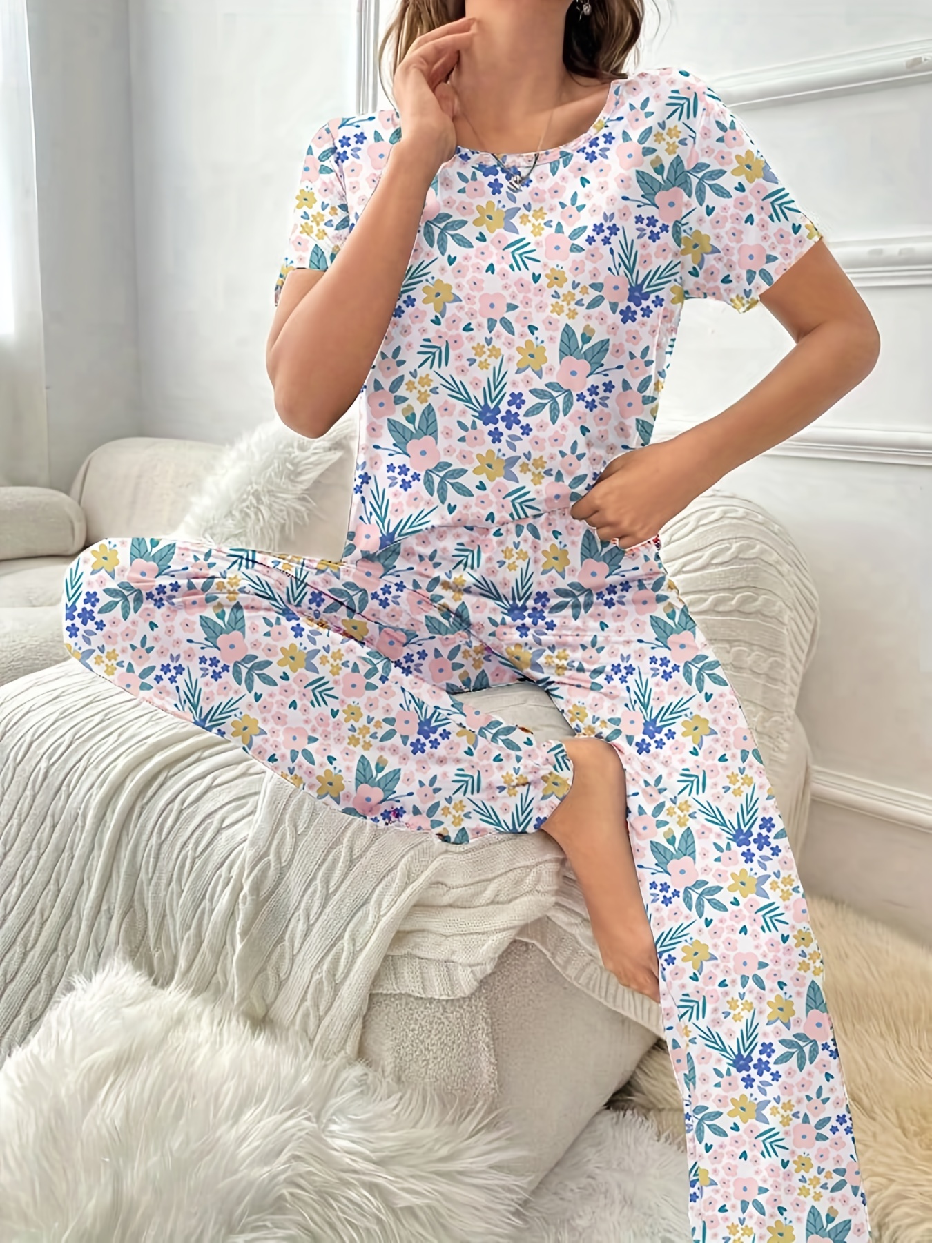 Floral Print Pajama Set Short Sleeve Crew Neck Top Elastic - Temu