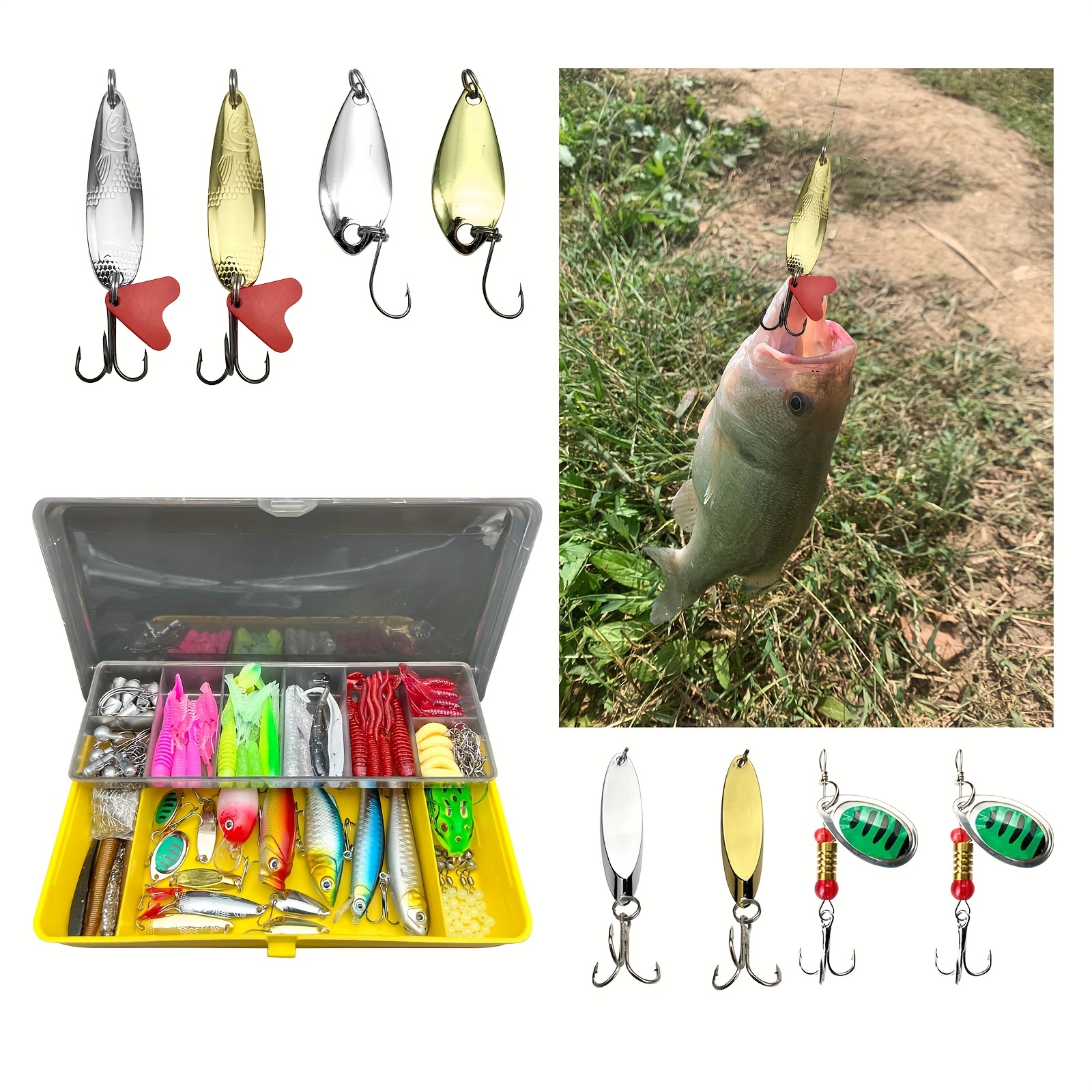 Fishing Lures Baits Kit for Bass Trout Salmon Fishing Tackle Box Including  Spoon Lures Soft Plastic Worms Crankbait Jigs Fishing Hooks 70Pcs Fishing