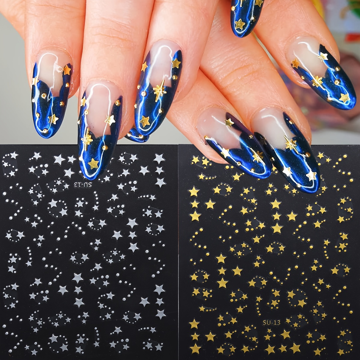 8Sheets Gold Star Nail Sticker Decals- Metallic Nail Supplies 3D  Self-Adhesive Sun Stars Moon Starlight Planets Snake Nail Design Nail Art  Stickers