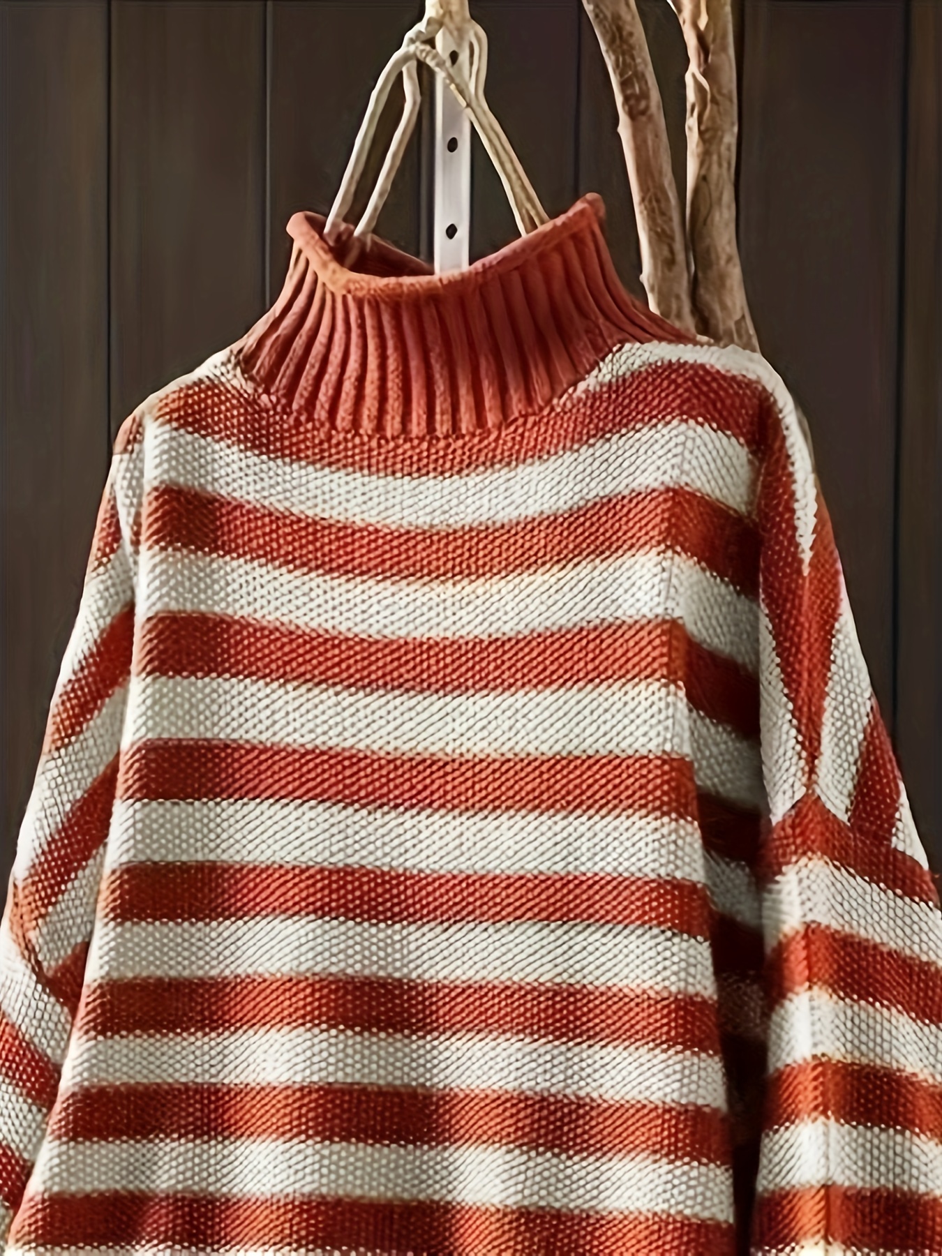 Striped Mock Neck Knit Sweater, Vintage Long Sleeve Pullover Sweater,  Women's Clothing