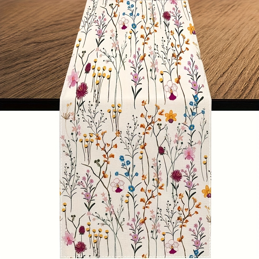 

1pc, Linen Table Runner, Watercolor Wild Flowers Printed Table Runner, Seasonal Spring Theme Colorful Flowers Holiday Kitchen Dining Table Decoration For Home, Party Decor