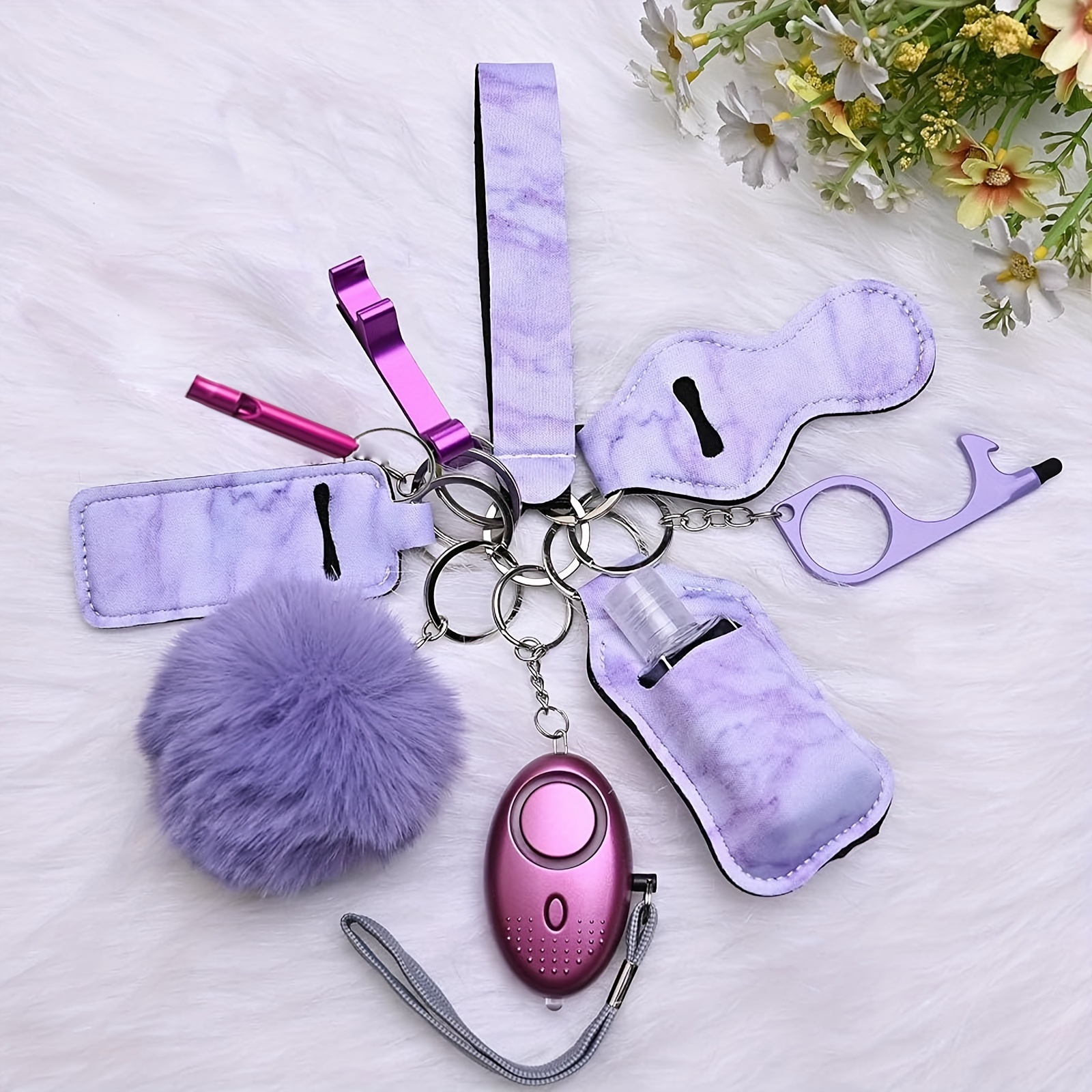 

Women's Safety Key Chain Set, 10 Pieces Of Safety Key Chain Accessories, Touchless Door Opener, Whistle And Pompon, Purple
