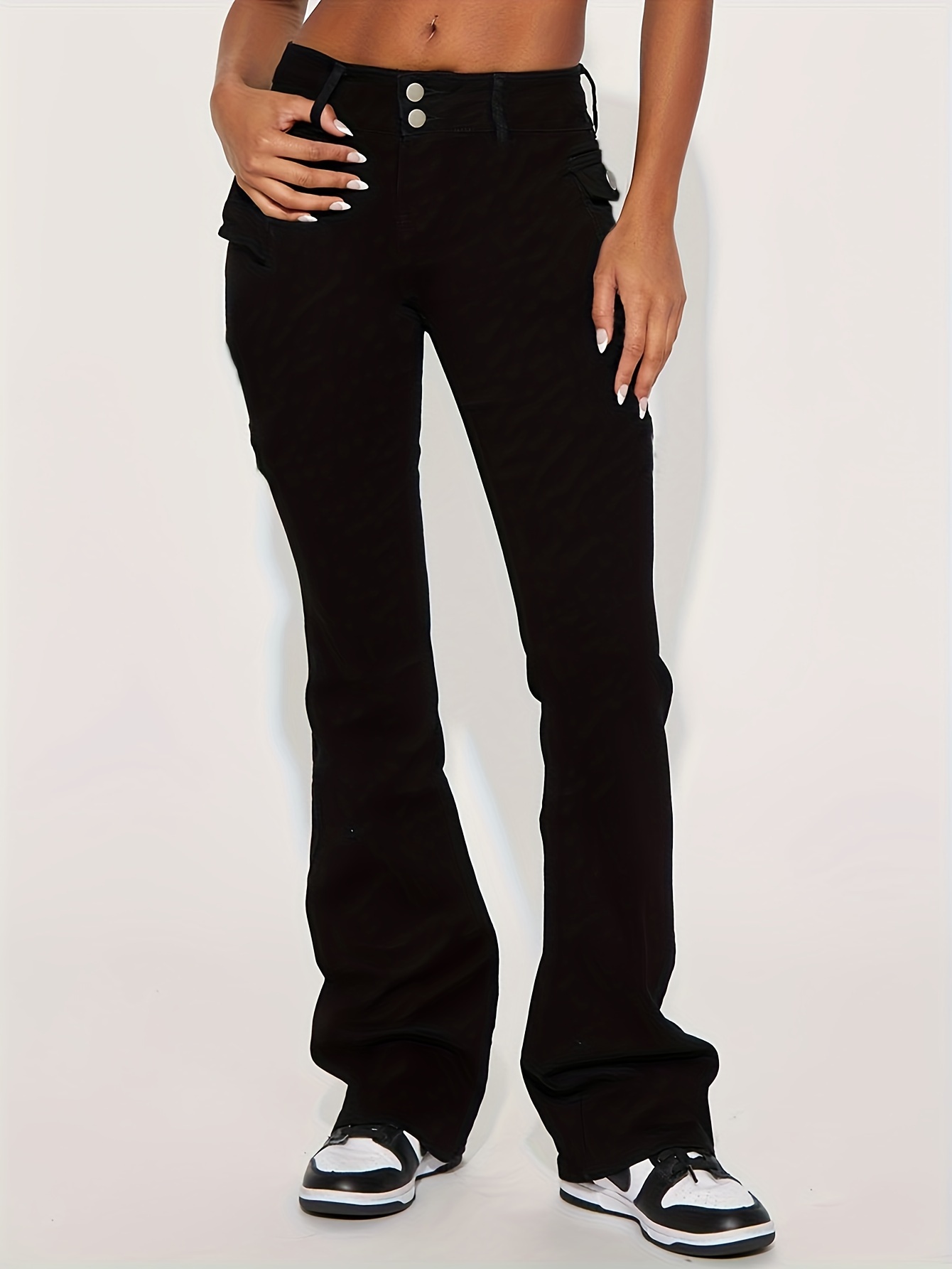 Pantalones Mezclilla Negros Talle Alto Botón Lateral Jeans - Temu